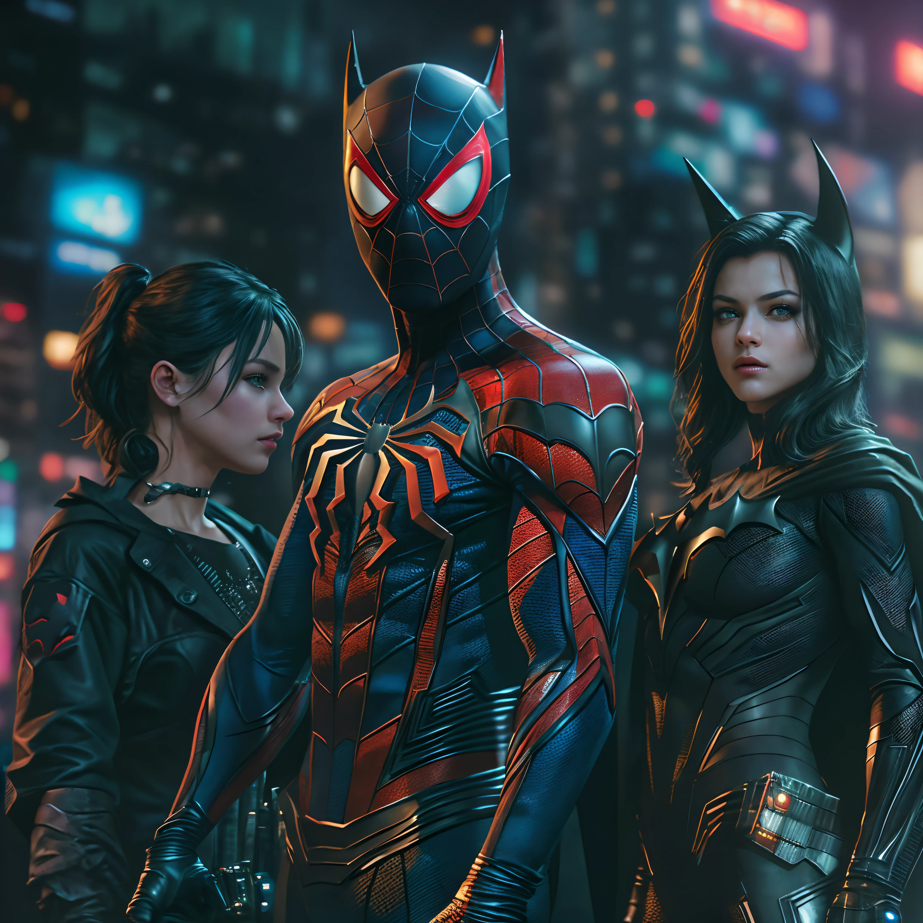Spiderman and batman combined, (top-quality、8K、32K、masterpiece、)、(The ultra -The high-definition)、(Photorealsitic:1.4)、Raw photography,Perfect eyes,Charming perfect figure,actionpose:1.2,Detailed cyberpunk fashion、World of Cyberpunk,depth of fields,blurry backround,、
