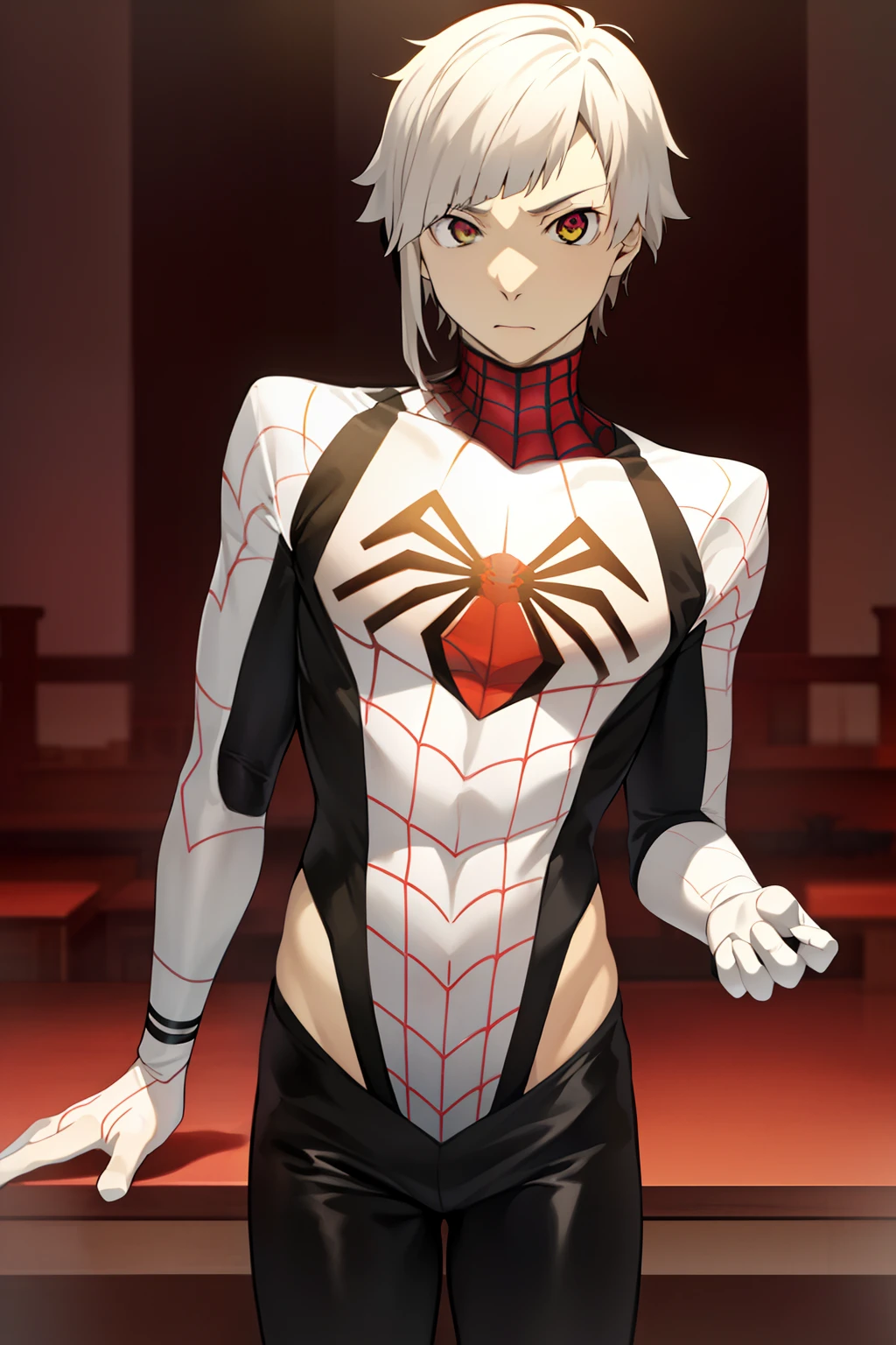 (​masterpiece, top-quality, hightquality), 1 juvenile, 独奏, Male Focus, Look at viewers, The upper part of the body, Nakashima_Atsushi, white  hair, ((Spider-Man Suit))