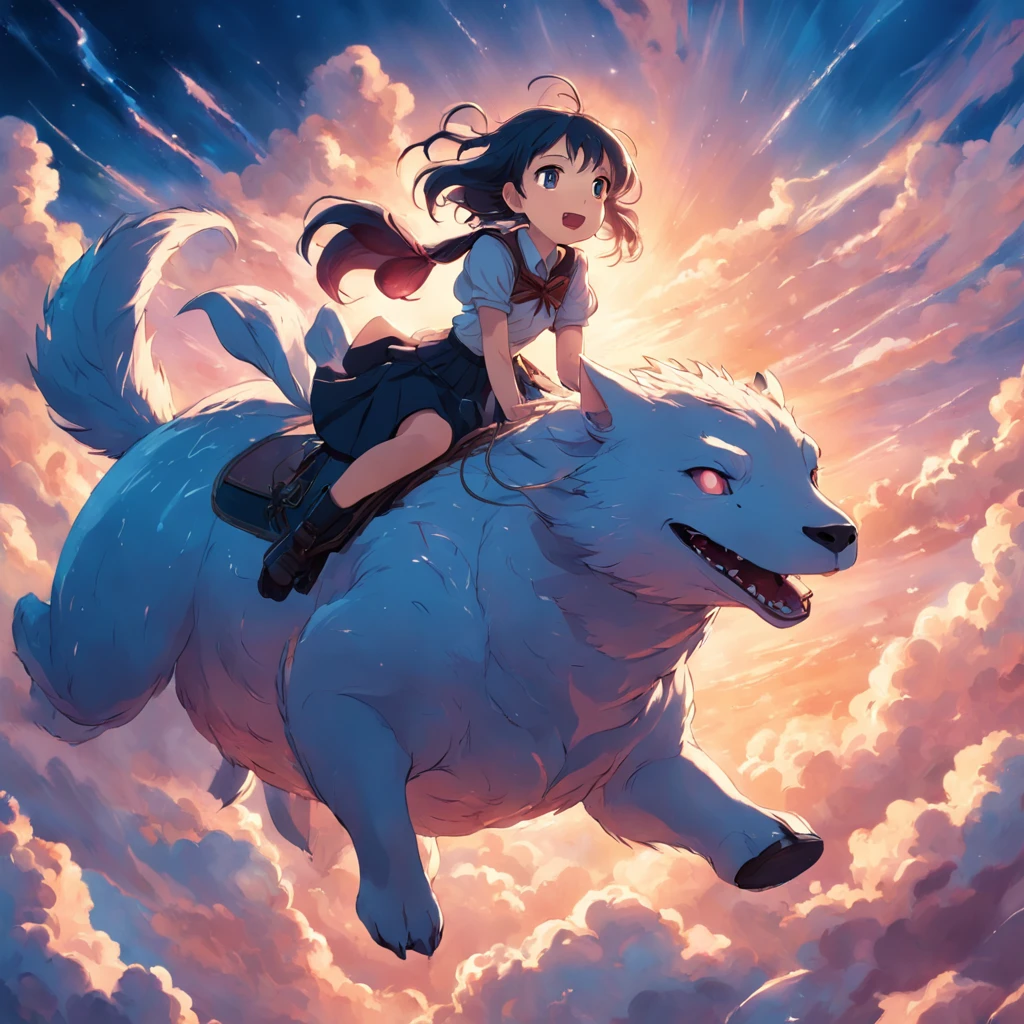 masterpiece, best quality, movie still, 1girl riding a fantastic beast, cloud girl, floating in the sky, close-up, bright, happy, warm soft lighting, sunset, (sparks:0.7)