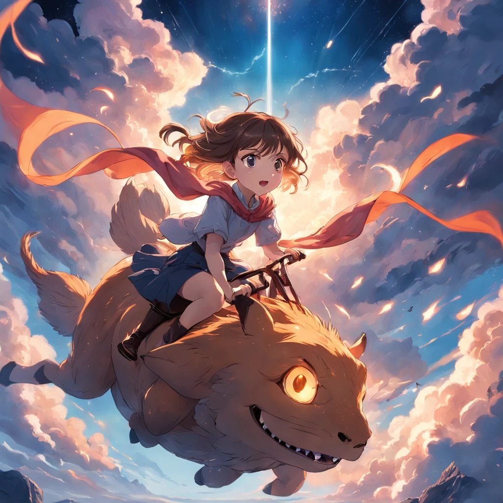 masterpiece, best quality, still, 1girl riding a fantastic beast, cloud girl, floating in the sky, close-up, bright, happy, warm soft lighting, sunset, (sparks:0.7)