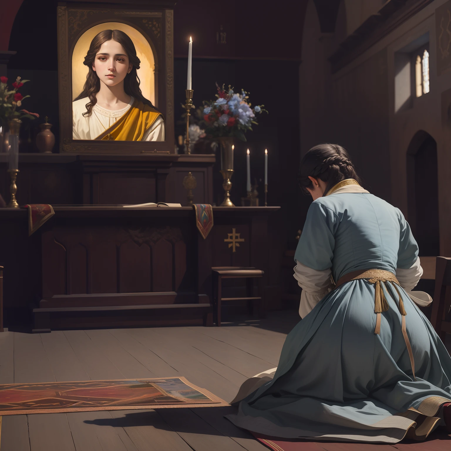 Menina jovem ajoelhada devota, foto realista de 1899, colors and clothes of the time, uma foto de uma menina rezando, uma  linda pintura de Jesus, ainda de um filme live action, retrato da obra-prima religiosa, cena da igreja, inspirado em Francesco Hayez, kramskoi 4 mil, obra-prima espiritual