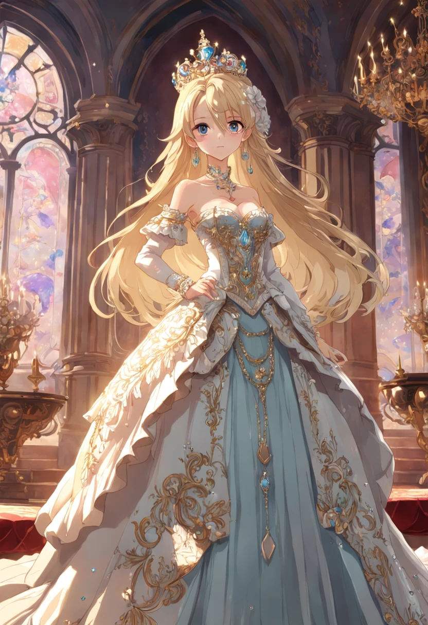((anime artstyle)),(Masterpiece),(Best Quality), (Super Detail),((Very Delicate and Beautiful)),(((Solo))),((full body portrait)),(((1 princess in gorgeous rococo princess ballgown with voluminous full length hoop skirt))),((crinoline)),Long train,in the royal palace,(gorgeous gemstone jewelry),detailed face and eyes,jewel-like eyes,((large amount of straight hair,extremely voluminous Hair,Very Long Straight Hair)),((gigantic tits,Long tits)),cleavage,extremely gorgeousfull hair ornament,((bling-bling extremely gorgeousfull jeweled tiara)),((Dynamic Angle)),Looking at viewer,(((gorgeous rococo princess ballgown with voluminous full length hoop skirt)))