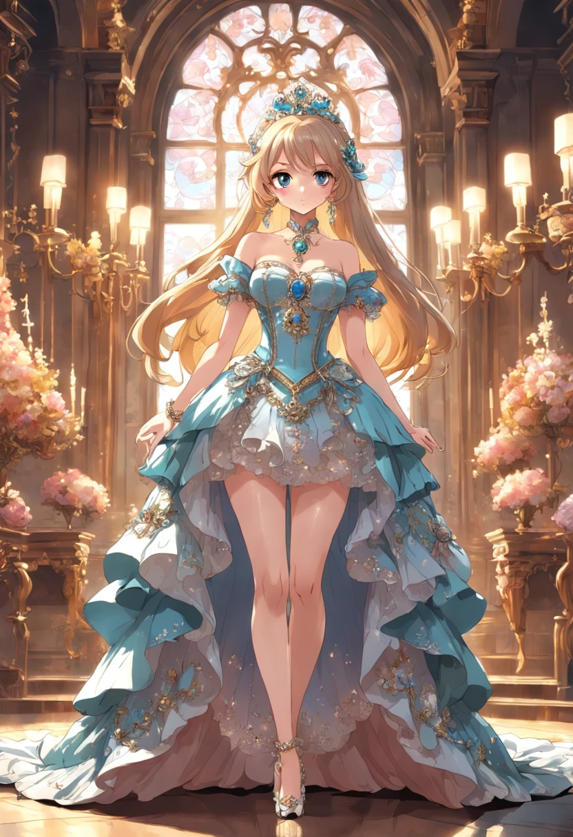 ((anime artstyle)),(Masterpiece),(Best Quality),(Super Detail),(Very Delicate and Beautiful),Solo,((full body,standing pose)),standing in the royal palace,((1 queen in jeweled gorgeous rococo ballgown with voluminous full length hoop skirt)),(crinoline),gorgeousfull embroidery,(gorgeous gemstone jewelry),(detailed face and eyes),jewel-like eyes,((large amount of straight hair,extremely Long voluminous Hair)),((gigantic tits,Long tits,skindentation)),gorgeousfull embroidery,cleavage,extremely gorgeousfull hair ornament,(bling-bling extremely gorgeousfull jeweled tiara),gorgeous corsage,(Dynamic Angle),Looking at viewer,((full body))