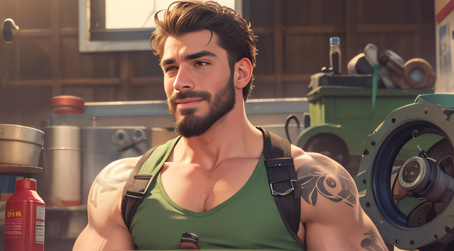 (Handsome:1.1)(man),(underwear:1.3),(shirtless;1.1) (Expression of ecstasy/orgasmic), (high resolution,overwhelmingly pixel-perfect,luxurious illustration), (Ultra Quality, Masterpiece, Ethereal:1.4)(massive Erect outline Bulge in pants) Man dressed in mechanic clothes, male, manly bearded man, huge pecs, hairy, pectorals showing, seductive smile, muscular, realistic face, realistic skin, facial hair, male focus, solo focus, manly hairy male, short dark hair, tattoos, looking at camera, mechanic shop in background, sunny day, blurred background, 8k hd, dslr, soft lighting, high quality grainy film, Fujifilm XT3