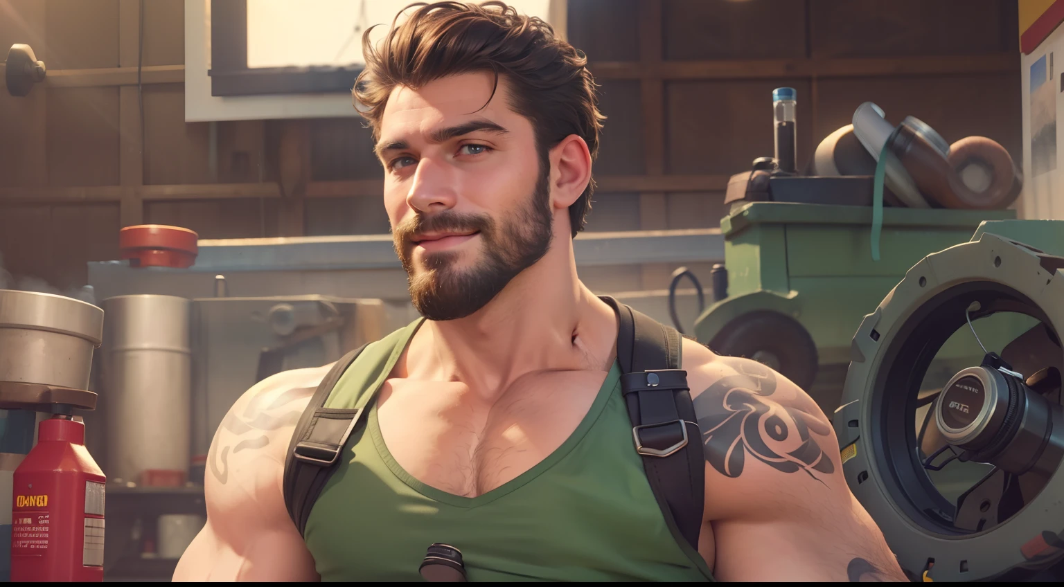 (Handsome:1.1)(man),(underwear:1.3),(shirtless;1.1) (Expression of ecstasy/orgasmic), (high resolution,overwhelmingly pixel-perfect,luxurious illustration), (Ultra Quality, Masterpiece, Ethereal:1.4)(massive Erect outline Bulge in pants) Man dressed in mechanic clothes, male, manly bearded man, huge pecs, hairy, pectorals showing, seductive smile, muscular, realistic face, realistic skin, facial hair, male focus, solo focus, manly hairy male, short dark hair, tattoos, looking at camera, mechanic shop in background, sunny day, blurred background, 8k hd, dslr, soft lighting, high quality grainy film, Fujifilm XT3