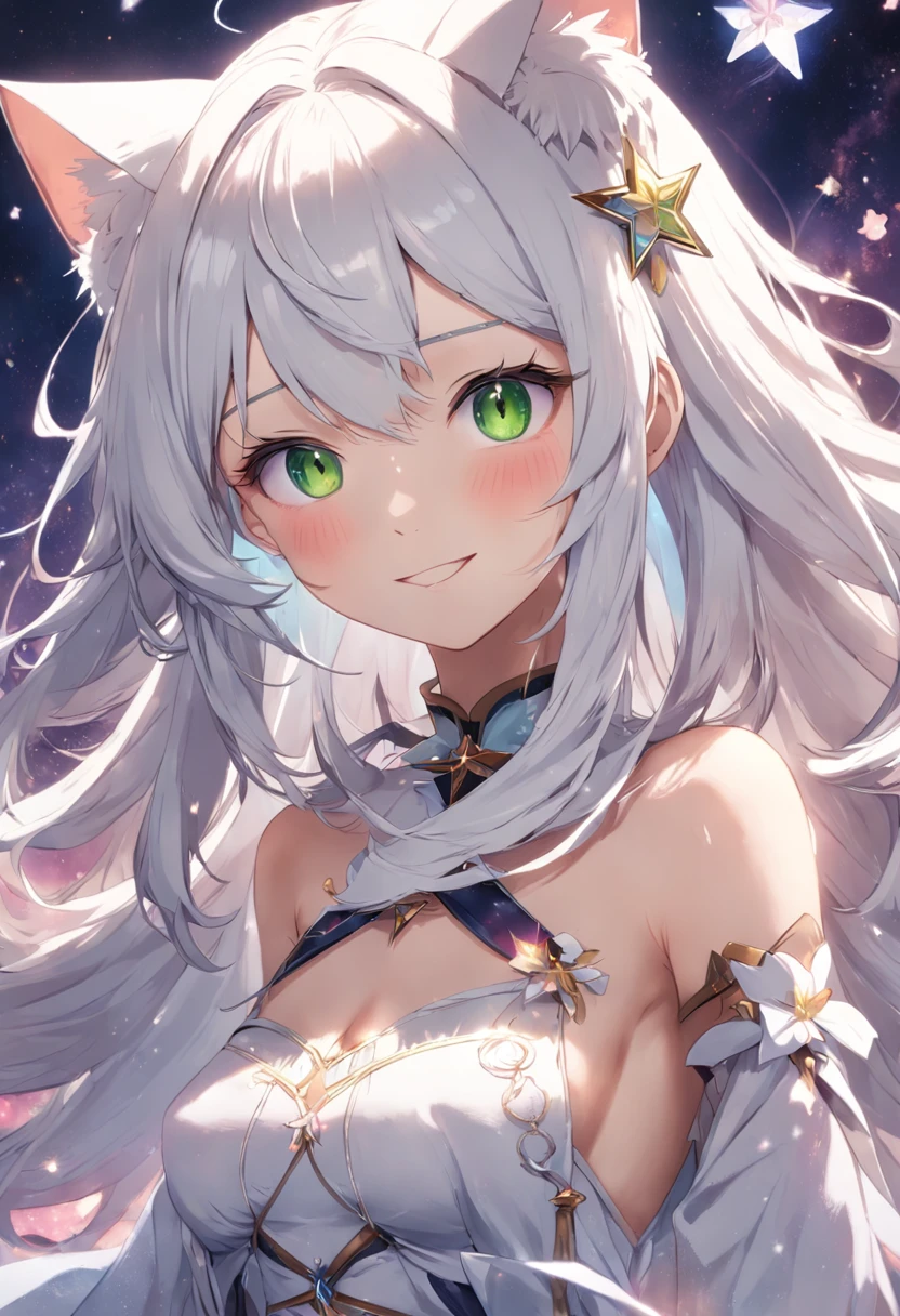 White hair, flowers in head, Green eyes, Star pupils, Cat ears, smile, Anime style, hyper HD, retinas, ccurate, Masterpiece, Anatomically correct, Textured skin, Super detail, High details, Award-Awarded, High quality, A high resolution, Best quality, 16k