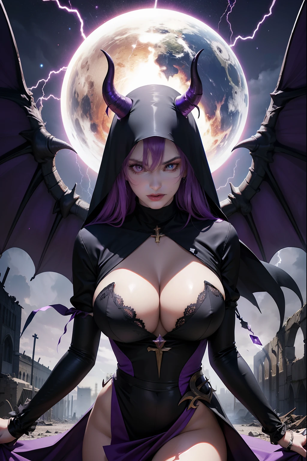 Lisa Ann: The evil nun, Demon horn, Demon wings on the head , His hands preparing a sphere of purple energy, diabolique, insidieux, Lightning strikes the post-apocalyptic ruins of a city , Context of the Satanic Church