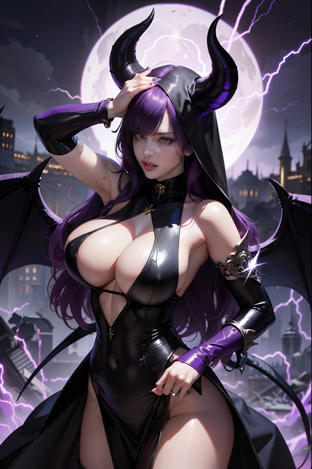 Lisa Ann: The evil nun, Demon horn, Demon wings on the head , His hands preparing a sphere of purple energy, diabolique, insidieux, Lightning strikes the post-apocalyptic ruins of a city , Context of the Satanic Church