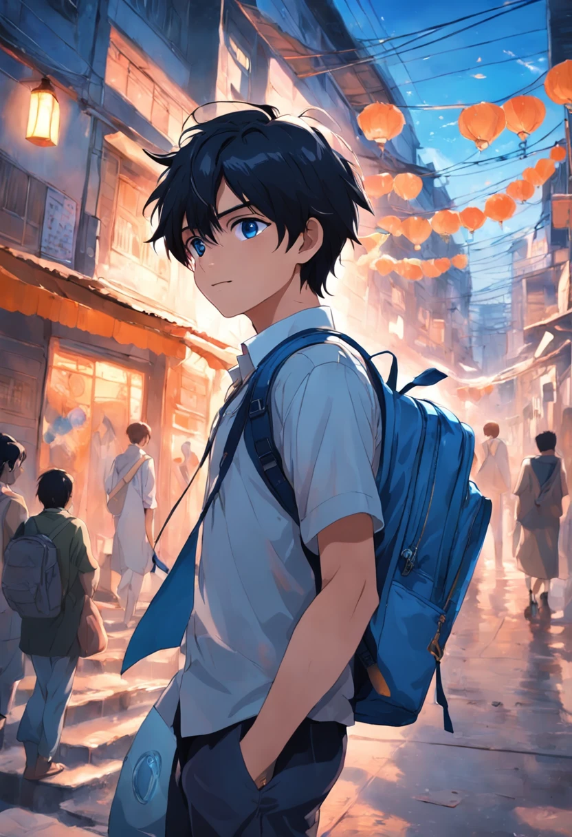 Handsome 18-year-old in a bustling indian city,Carrying a blue school bag,Take pictures with a camera in hand,It gives a sense of freshness,The feeling of sunshine