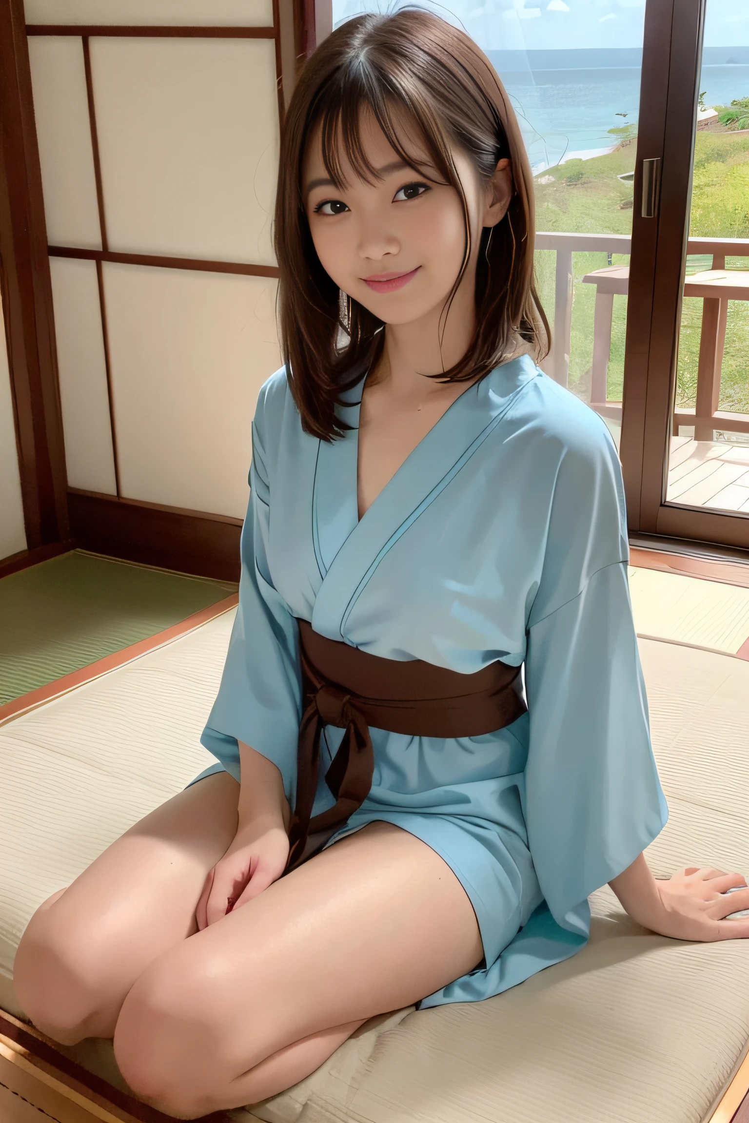 Pure Japanese young kimono girl, outstanding body, wearing loose kimono, traditional makeup, natural hair styles, sitting, lift up skirt, spread wide legs, sweet smile, secret temptation, professional portrait photography, summer morning light, 