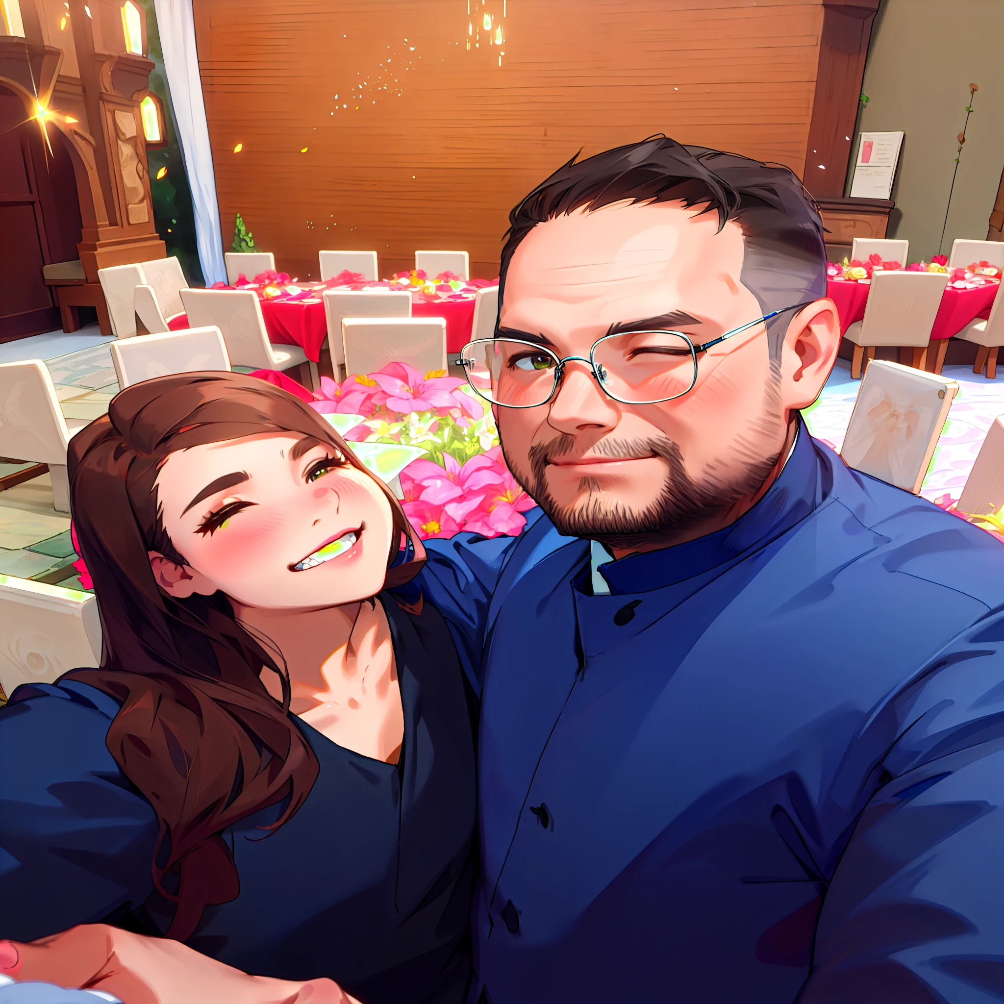 Two people in a garden wedding for a group photo, 8K selfie photos, cute couple,