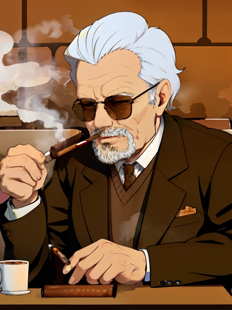 there is a man sitting at a table with a cup of coffee, with cigar, while smoking a cigar, mr robert is drinking fresh tea, he is smoking a cigarette, smoking outside, taking a smoke break, smoking a cigarrette🚬, holding cigar, subject action: smoking a cigar, smoking and bickering, smoking, smoking cigars, smoking a cigar