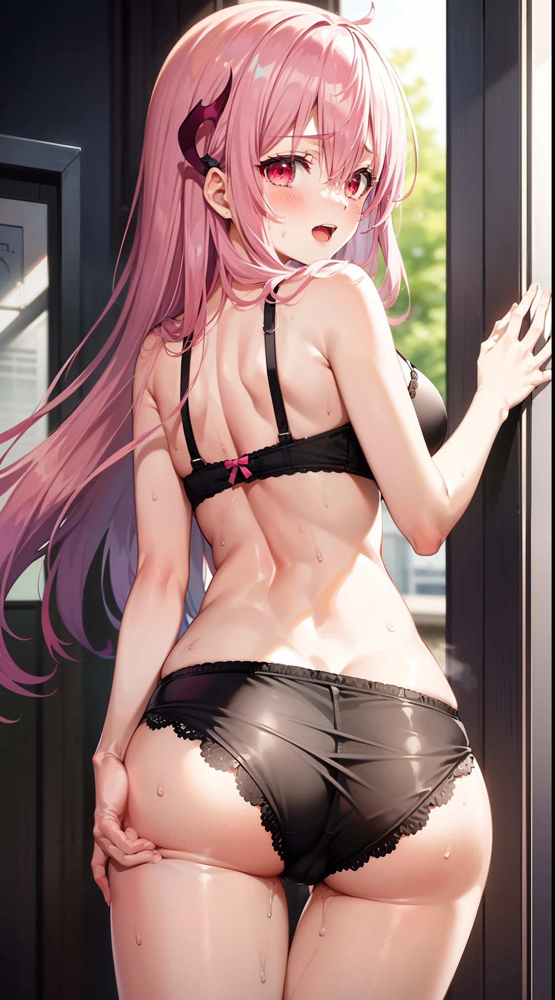 best quality ,masterpiece,solo,1girl,pink hair,long hair,bra,panties,looking down,evil smile,blush,sweating,small lady serenity,big breasts,despise,steam,ass,ass focus,sweat bullets,back to the viewer,open mouth,hands on ass,2hands,five fingers,demon wings on the back