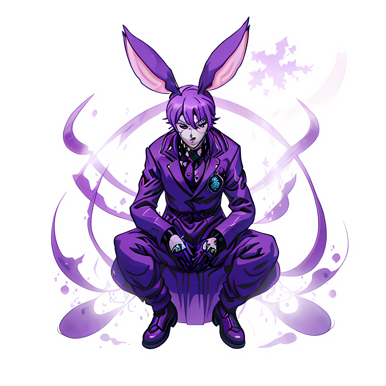 Anime character sitting on purple surface with purple background, rabbt_Character, Purple metal ears, digital art from danganronpa, Brave omens., metal ears purple eyes, Purple Ancient Horn God, reisen udongein inaba, Made of liquid purple metal, inspired by Kanbun Master, The Joker(As Naruto)