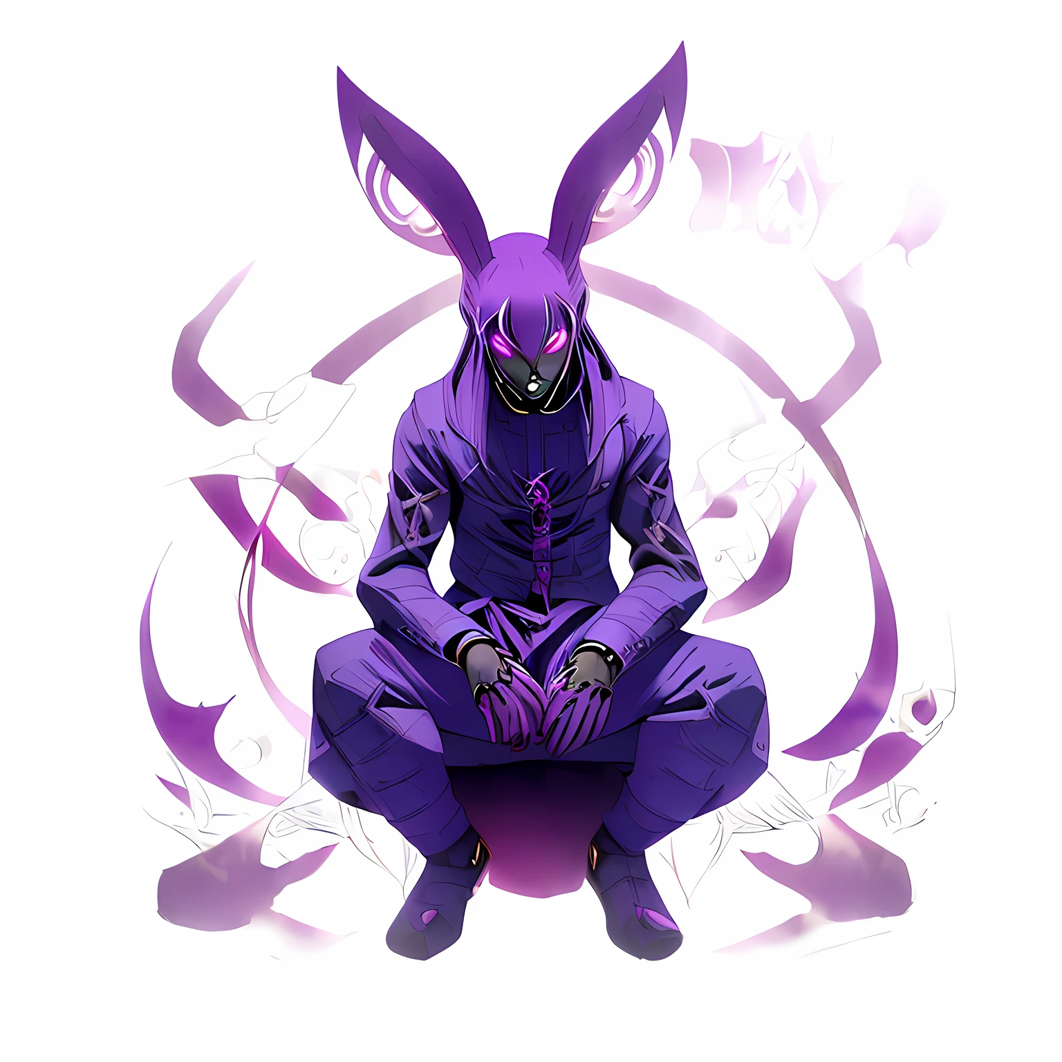 Purple rabbit sitting on purple background on black background, inspired by Kanbun Master, transforming into his final form, rabbit warrior, rabbt_Character, varguyart style, by Kanbun Master, electrixbunny, male djinn man demon hybrid, dapper dream demon, Magical aura of madness, this character has cryokinesis, mewtwo