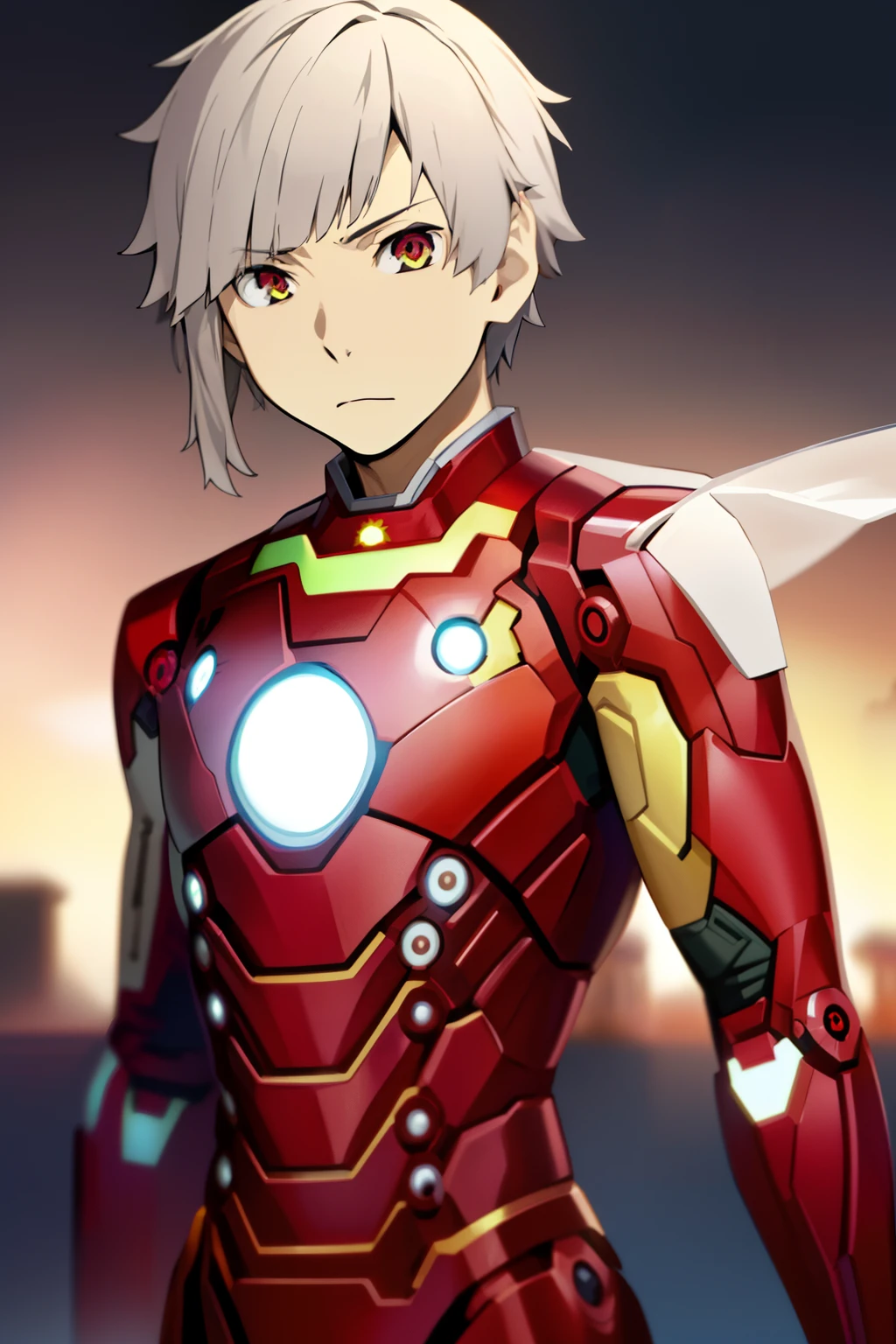 (​masterpiece, top-quality, hightquality), 1 juvenile, 独奏, Male Focus, Look at viewers, The upper part of the body, Nakashima_Atsushi, white  hair, ((ironman suit))