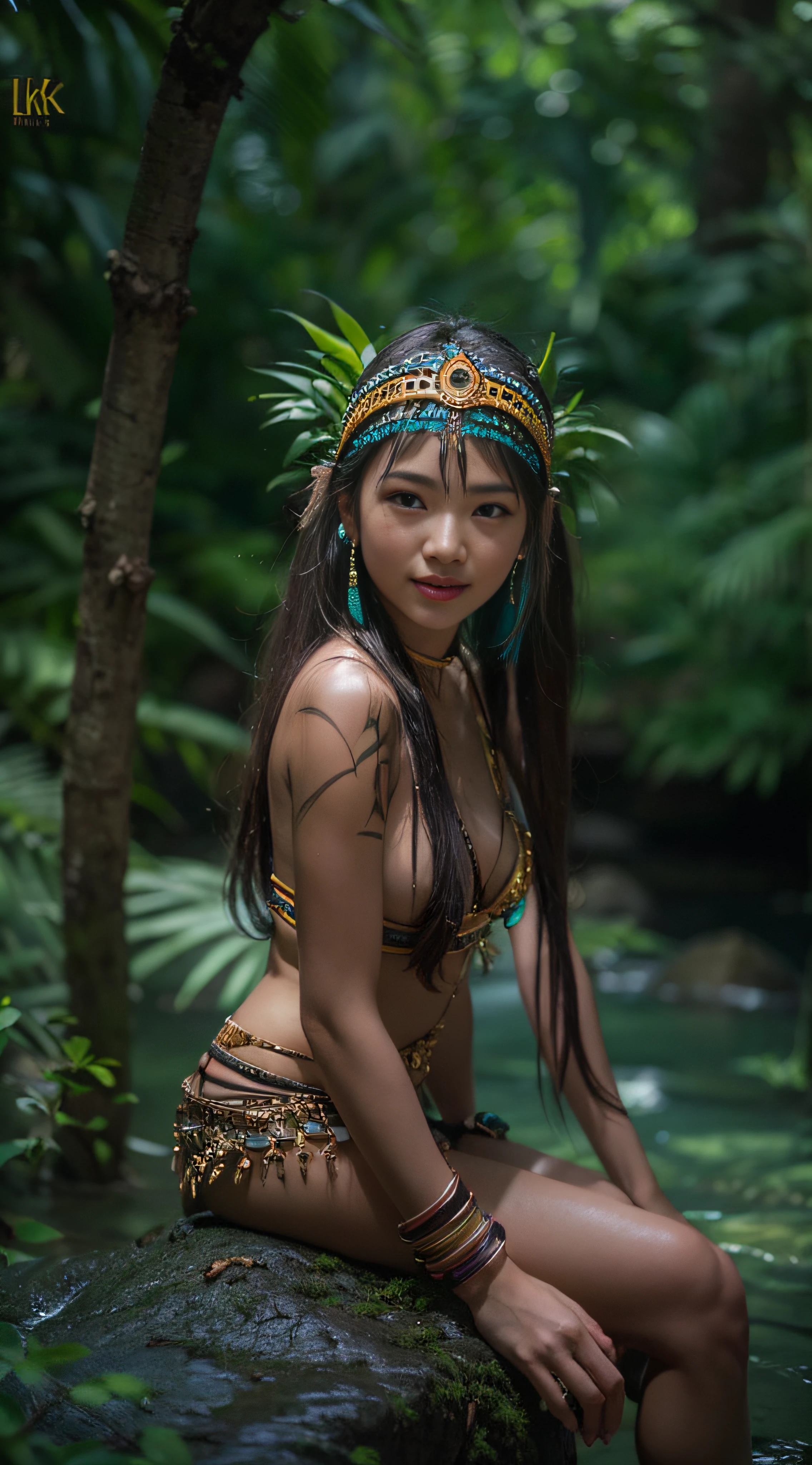1 teen borneo tribal girl, wearing tribal head dress and accessories, sitting ????? on the rock in the river, tribal tatoo, minimal dress, 1 leg up on rock, leg open wide to show vaginal and breast, hyper realistic, lifelike texture, dramatic lighting, Nikon RAW photo, 8k, Fujifilm XT3,CitrineDreamMix, masterpiece, best quality, realistic, ?????, show vaginal, (photorealistic:1.4), ultra detailed, full body visible, (((smile:1.1)), (extremely detailed CG unity 8k wallpaper,masterpiece, best quality, ultra-detailed),(best illumination, best shadow, an extremely delicate and beautiful), (powerful and feminine),(jungle setting,depth of field, sunshine through trees,leaves,greenery, spirit animals)