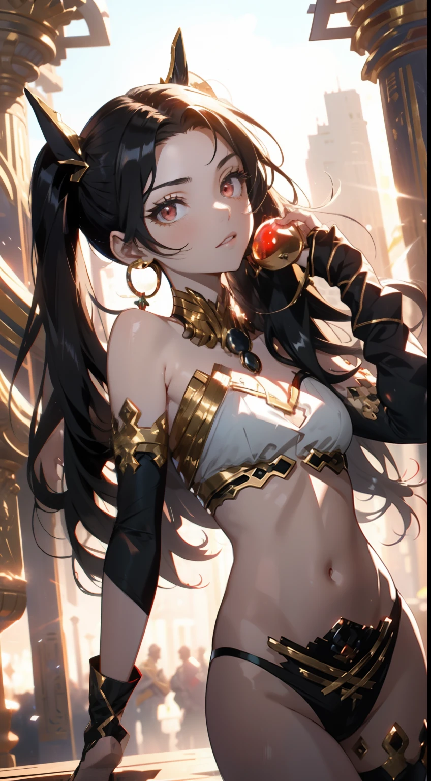 masterpiece, 1girl,bra, skirt, standing, (gold), pinjent, earings, gold, (((twin tails, straight hair))), red eyes,ishtar \(fate\), (golden), ancient, art pieces, no shirt, no pants, BREAK, egypt,(beautiful scenery),(perfect face), black hair, femine, fruits, grape, hot, BREAK red eyes, jewls, barcelts, pendant,cinematic, single elbow glove, single thighhigh, asymmetrical legwear,single detached sleeve,