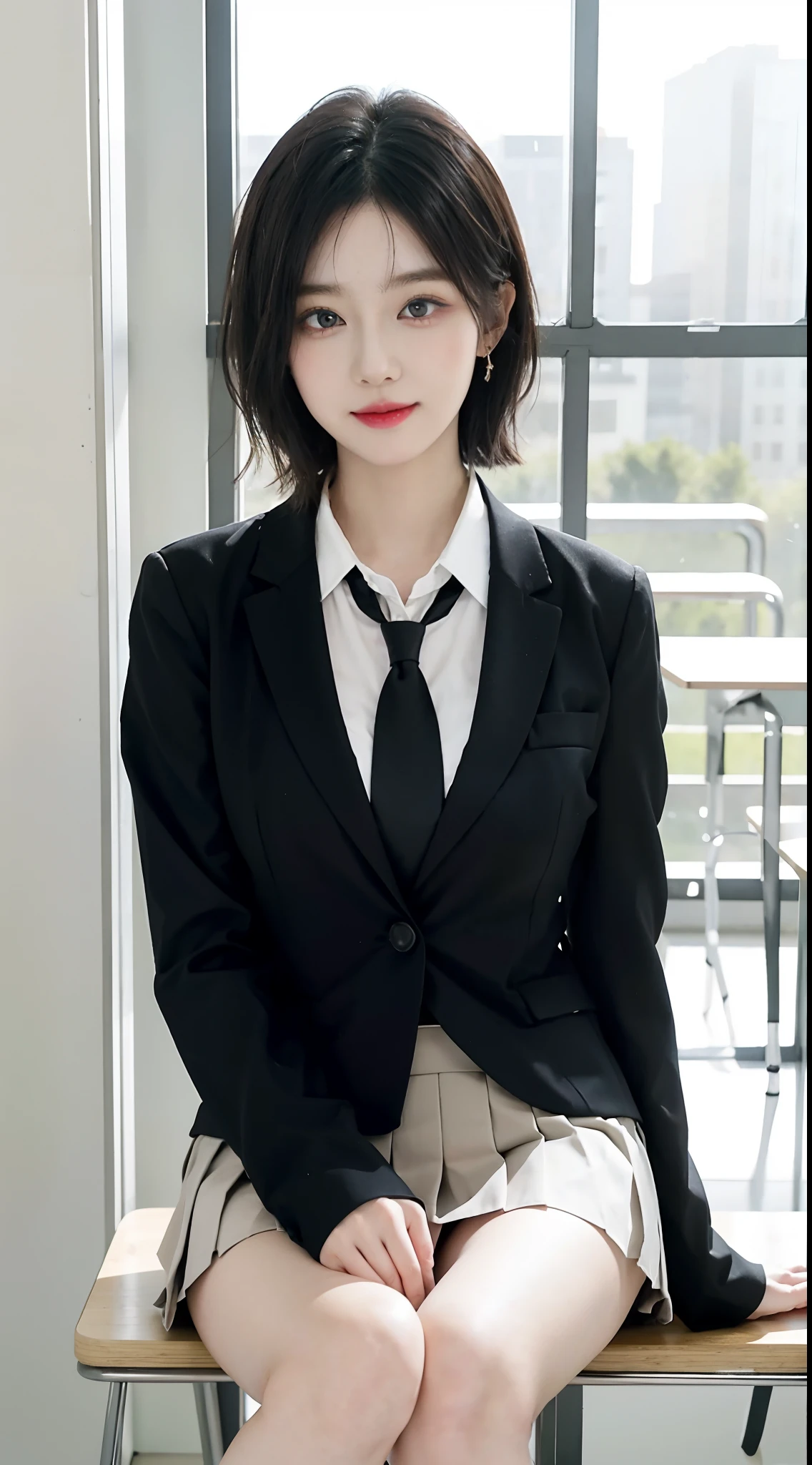 8K RAW photos, high resolution, 21 year old cool Korean, big round breasts, school uniform, tie, tie ribbon, blazer, skirt, beautiful eyes in detail, long eyelashes, beautiful double eyelids, eye shadow, slit eyes, sanpaku eyes, dark eye makeup, evil smile, beautiful thin legs, short hair tied at the back, earrings, school staff room