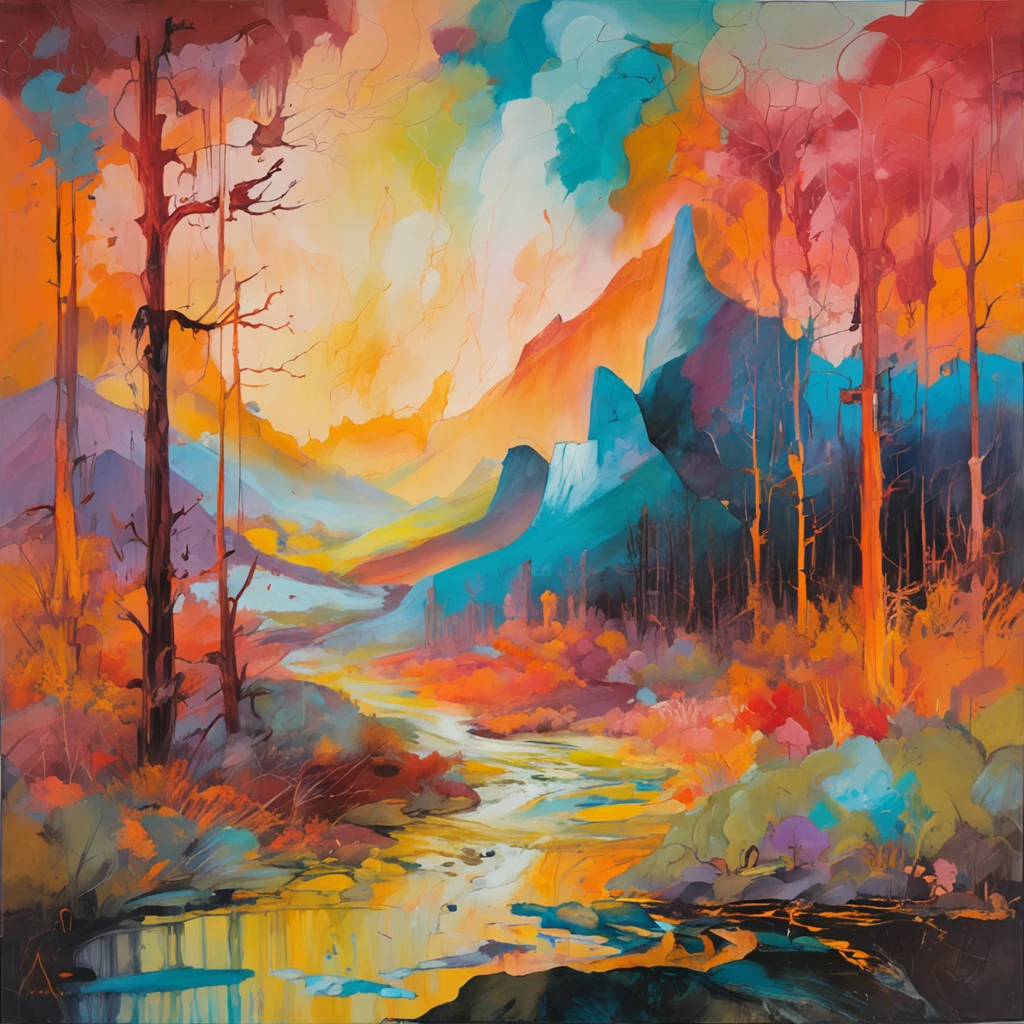 Intricate painting details of fantasy forests, by range murata, galaxy in background, Clouds, vivid colour, High contrast, Mountain, vector line art, orange highlights, trending in pixiv, anime concept art, Stick, Mattire, high high quality, Edge to edge, Sanskrit