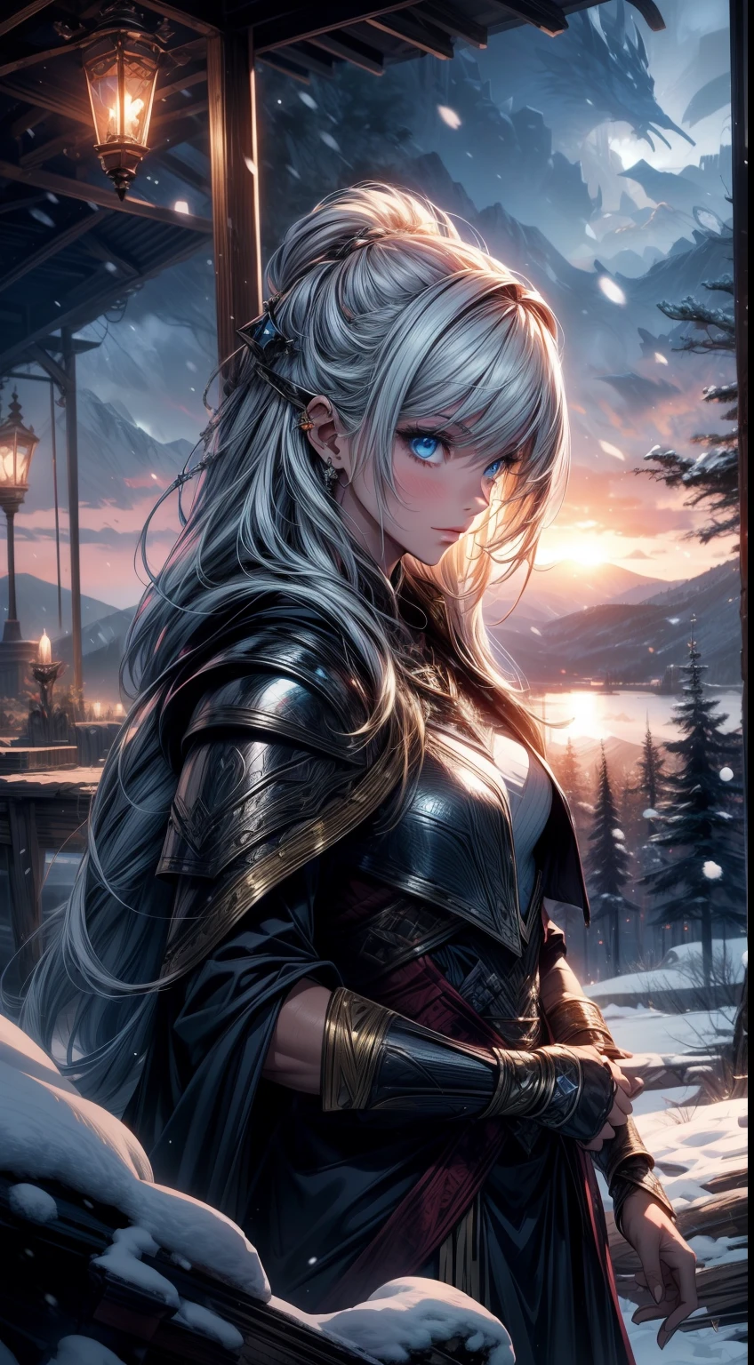 gorgeous, masterpiece, 1girl, best quality, landscape, highres,4k, wallpaper, trace lights, mountains, intricate, detailed, BREAK armor, badass, glow, mediaval, snow, snow flokes, magical, magic, particles, busy, rpg, lord of the rings, stunning view, cold,