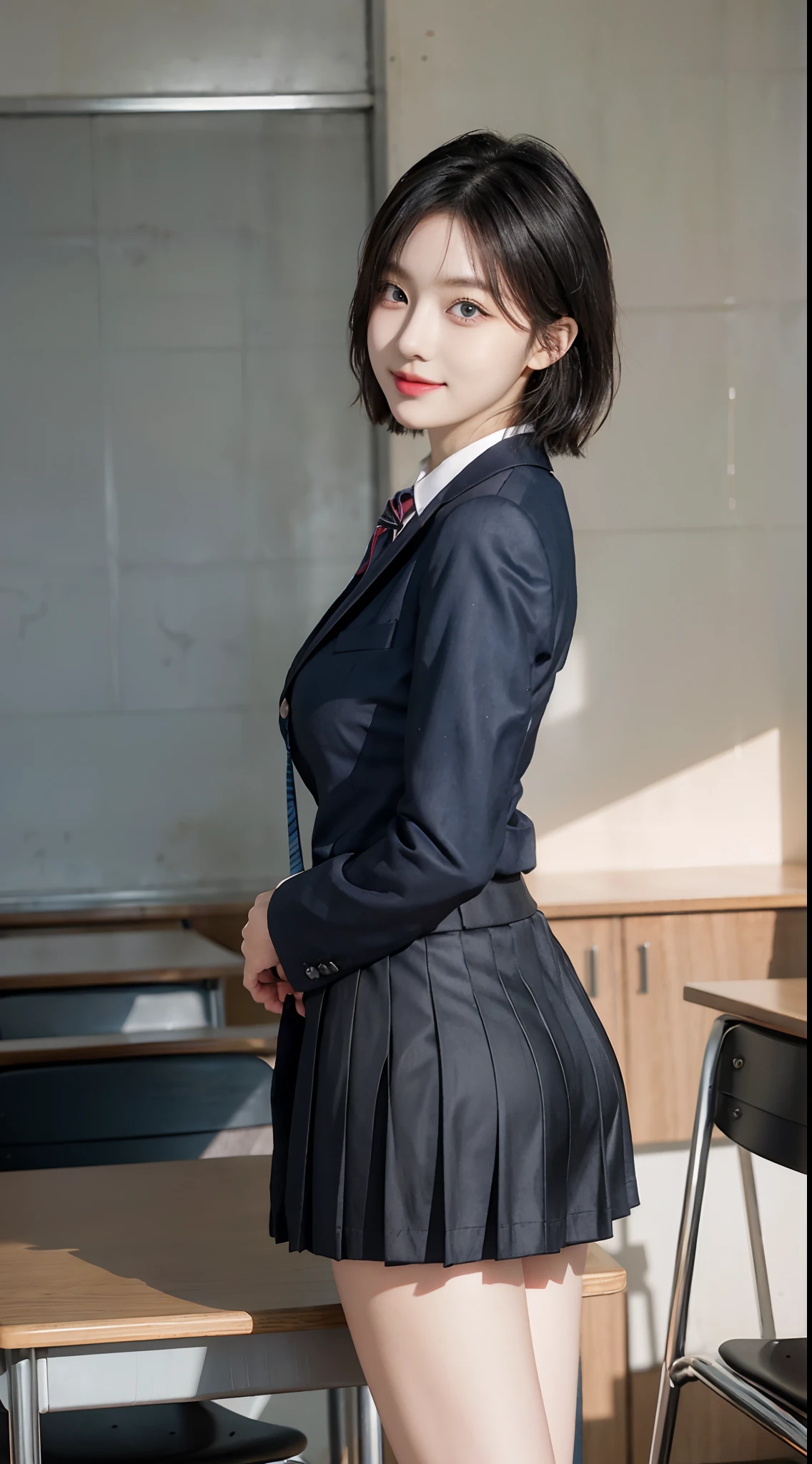 (Elite secretaries of the upper class), sit a chair,Classroom、 (Wear pantyhose)、(Short Layer Hair)、crossed legs, Wear high-end heels、 (Thighs and pleated skirts), Collared Button Shirt Student, Wear a shirt, Student attire, Raw photo, (8K、top-quality、tmasterpiece:1.2)、(intricate detailes:1.4)、(Photorealsitic:1.4)、octane renderings、Complex 3D rendering ultra detail, vibrant detail, super detailing, realistic skin textures, Detal Face, Beautiful detail eyes, Very detailed CG Unity 16k wallpaper, Makeup - Makeup, (detailedbackground:1.2、((chalk board,Short pleated skirt))、Backshots、sideshot、Uniform Ribbon), shiny skins、Naked on the thighs!!!,