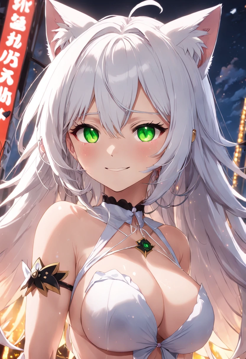 White hair, flowers in head, Green eyes, Sparkling eyes, Cat ears, smile, Anime style, hyper HD, retinas, ccurate, Masterpiece, Anatomically correct, Textured skin, Super detail, High details, Award-Awarded, High quality, A high resolution, Best quality, 16k,Lori huge breasts cleavage