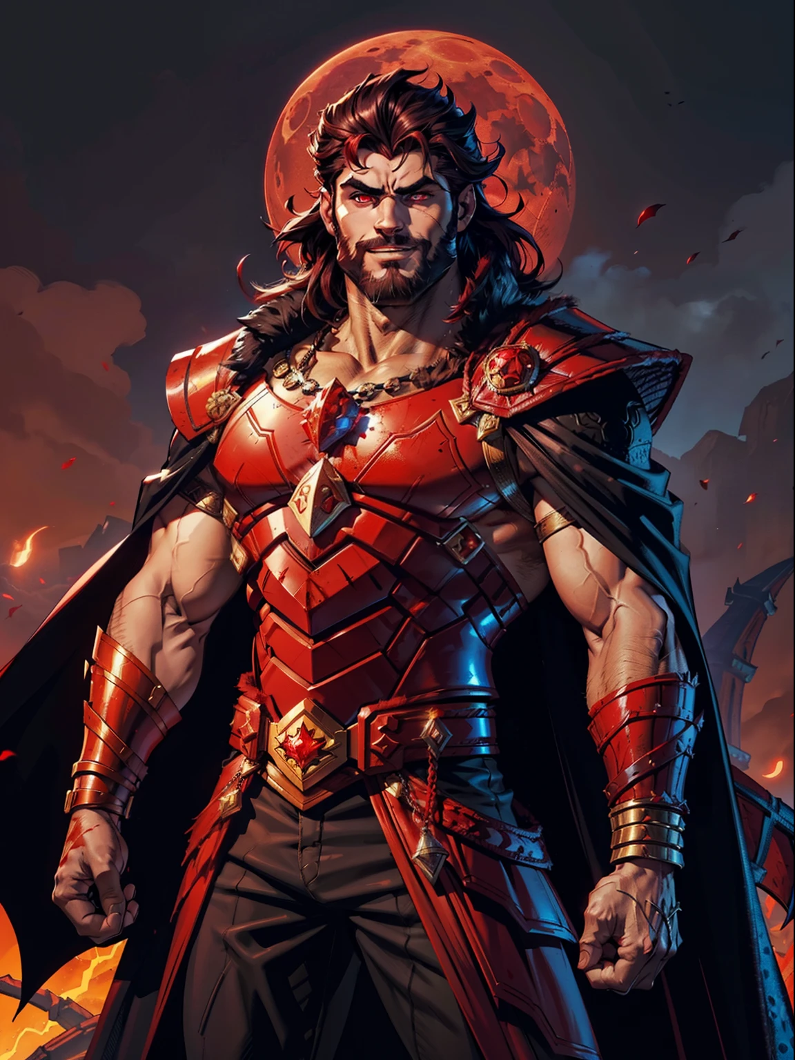 Dark night blood moon background, Hades style, game portrait. Sadurang from Marvel, hunk, buffed physics, short mane hair, mullet, defined face, detailed eyes, short beard, glowing red eyes, dark hair, wily smile, badass, dangerous. Wearing full armor with red dragon scales, cape of furs.  Breath fire.