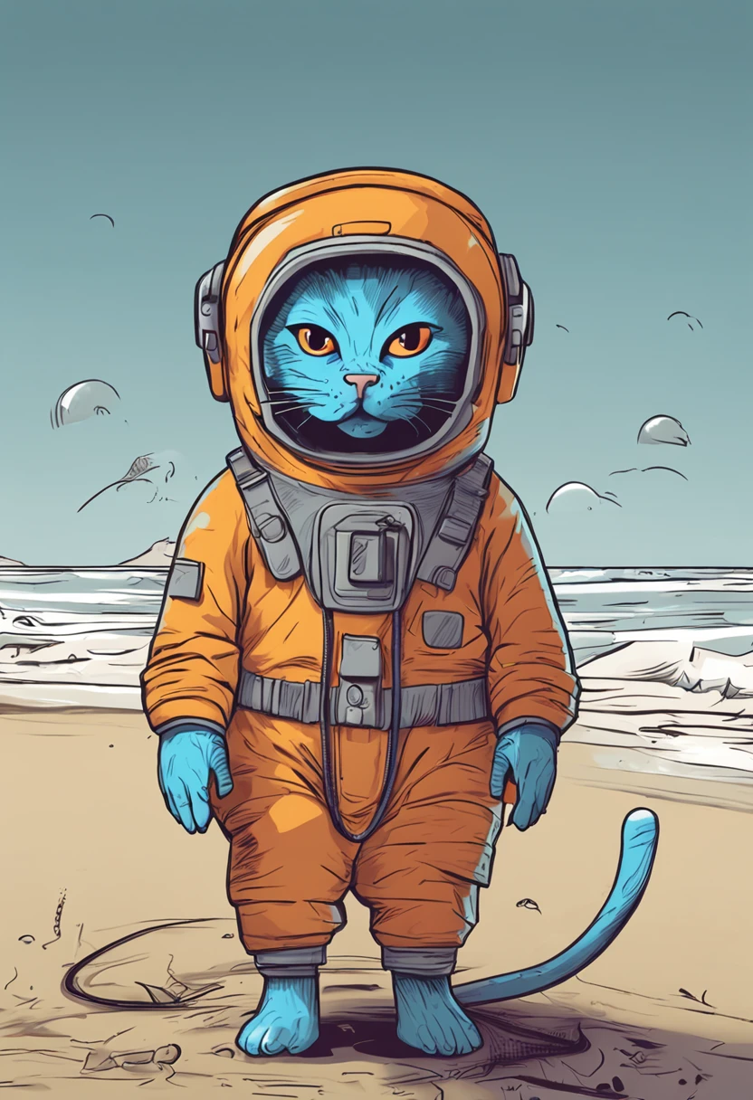 cartoonish style,A blue cat wrapped in a thick gray radiation protection suit,Only two ears and a tail leak out of the whole body,The rest are wrapped in protective clothing,There are radiation signs on the clothes,Stand on a polluted beach,expression sad
