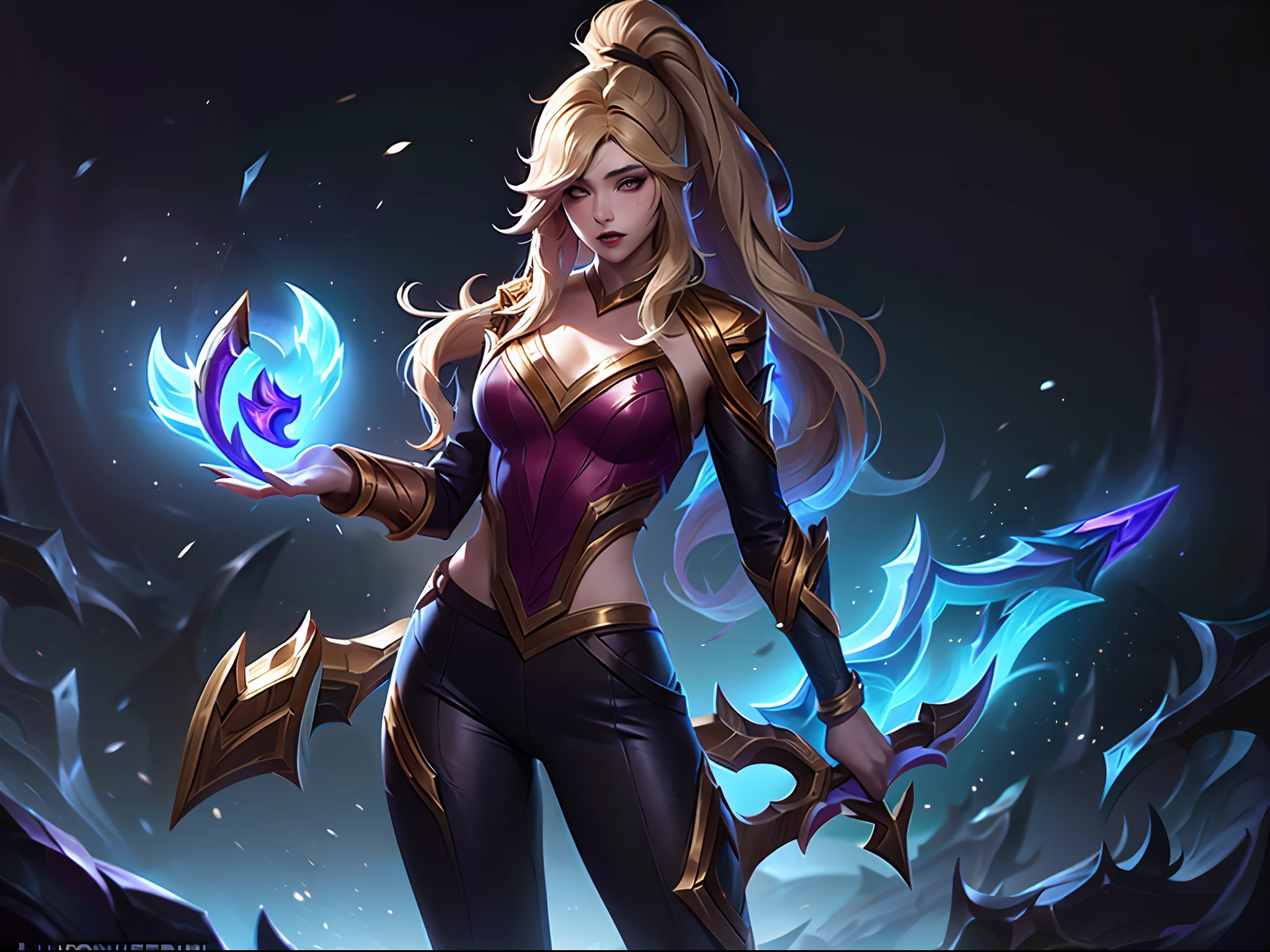 (League of Legends:1.5),Legendary skins,empyrean lux skin, 1girl, solo, long hair, bangs, blonde hair, ponytail, weapon, white hair, pants, official alternate costume, mask, glowing, black pants