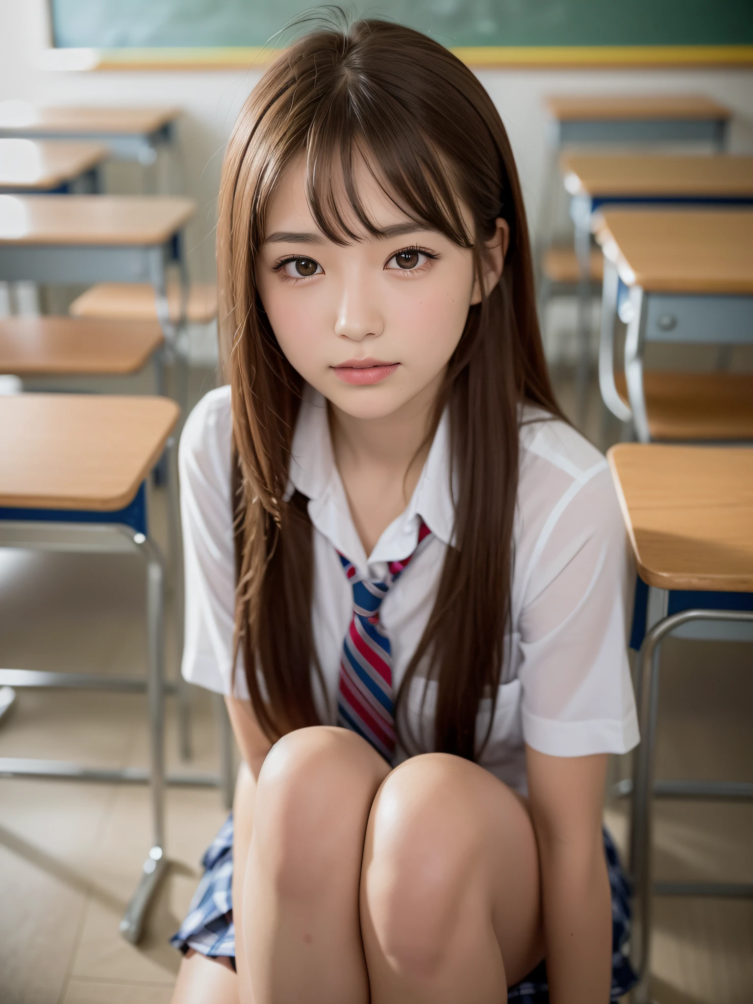 ((of the highest quality, 8K, masutepiece: 1.3, Raw photo)), Sharp Focus: 1.2, (1 AESPA Girl :1.1), Solo, (Realistic, Photorealistic: 1.37), (Face Focus: 1.1), Cute face, hyperdetailed face, brunette short messy hair, Small Smile, slender, nude, (school uniform), (Sitting with one knee up: 1.3), classroom, panties, flower, dahlia