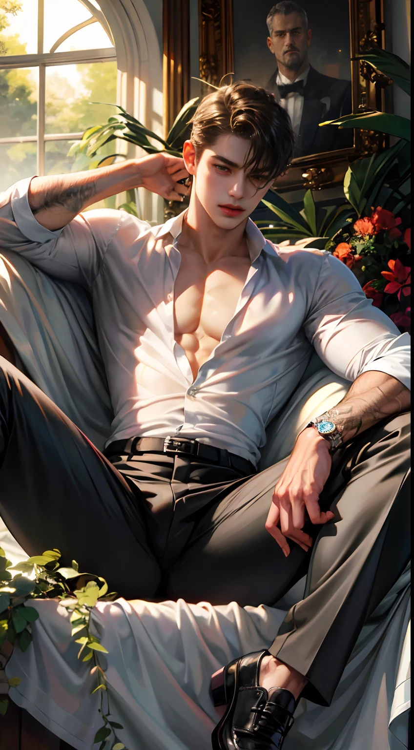 (absurderes, A high resolution, Ultra detailed, hdr), Masterpiece, Best quality, Portrait of a boy, Handsome boy with red eyes, Detailed face, Professional photo, The Alafed man is shirtless, Lie comfortably in a white bathtub，rays of sunshine，Greenery，legs are open, (puffynipple(From below:1.1)), Focus on your audience,18 year old boy, Handsome boy, [ Firmly defined body ]，Soaked shirt open，Abs，chest muscle，short white pants，large bulge，Black leather shoes，Chest close-up，prinz，Two legs，