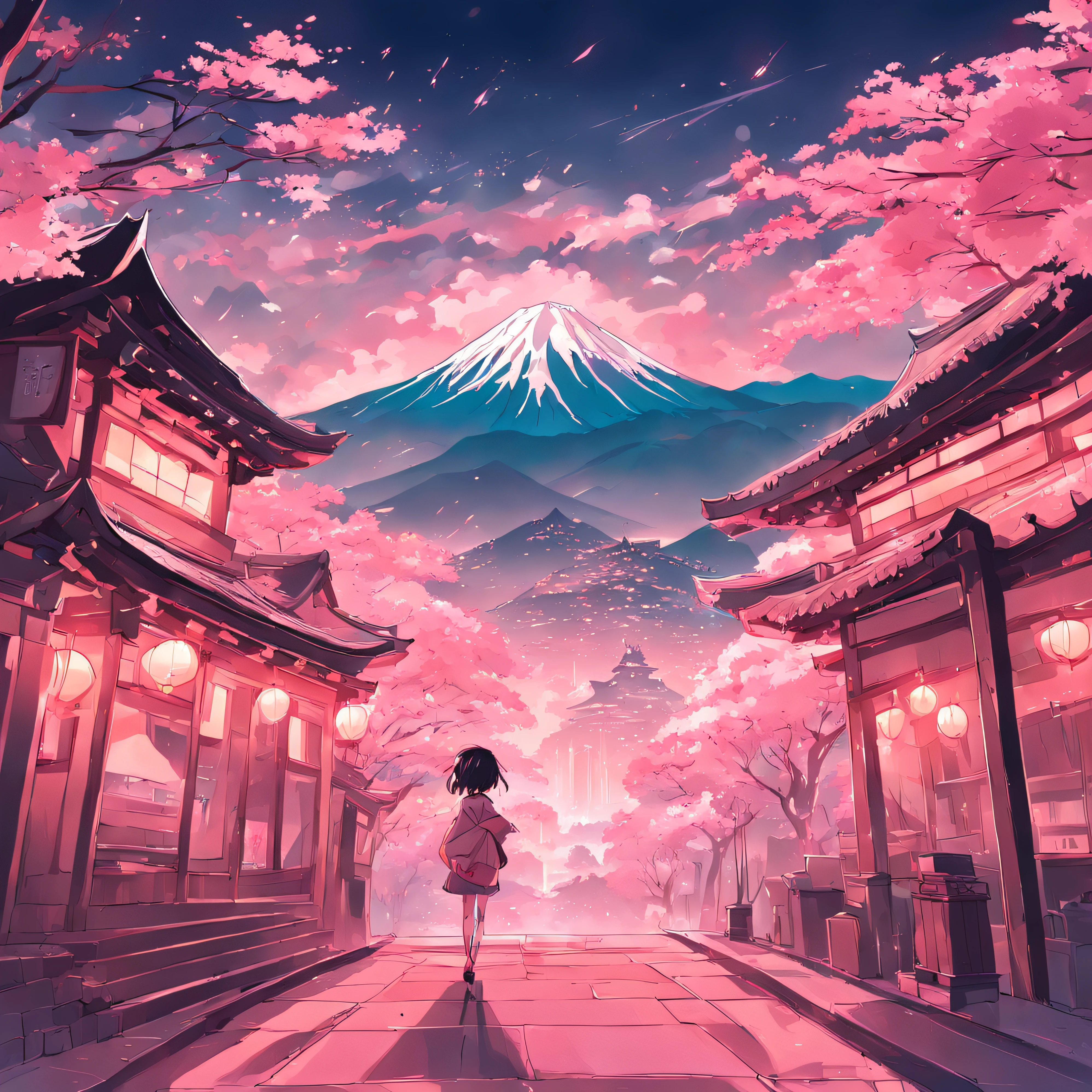 masterpiece, high quality, Very detailed, woman, short hair, hairpin, Completely naked, Spring flower, the wind is strong, Open the shrine, Pink petals, Fuji Mountain, Depth of written boundary, Blurred Background,smile,whole body,Standing posture