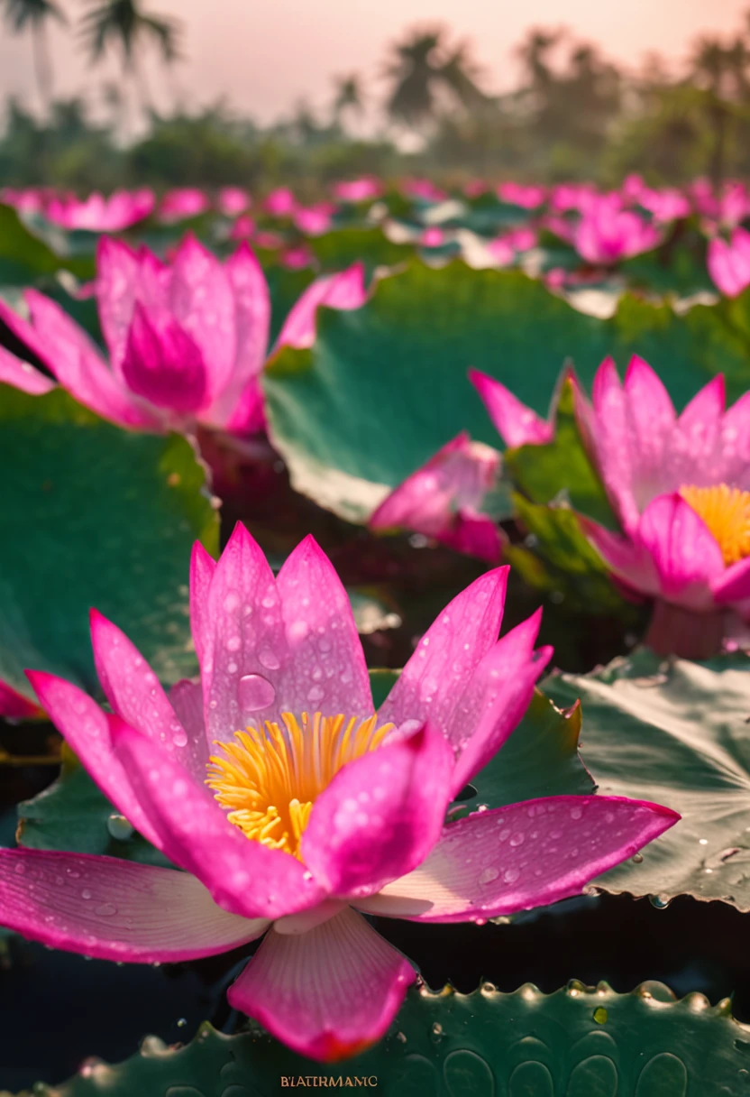 Bumbu Abu Aban Buatam Pink morning sun, rainbowing, Water droplets on lotus leaves.