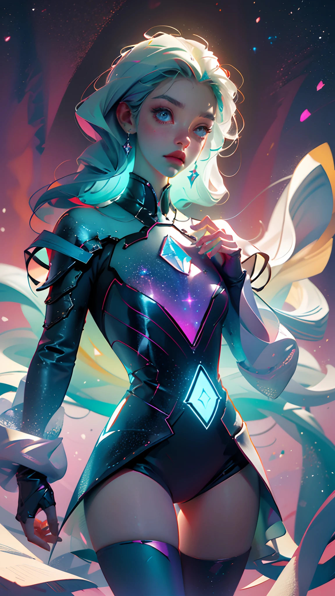 A highly detailed and vividly colored digital painting of an ethereally beautiful young girl with long flowing icy blue hair and eyes that reflect the galaxy, wearing an elegant futuristic dress glowing with holographic light reflections, standing in front of a sleek shining portal emitting mist and bright particles, inside a hi-tech laboratory filled with glowing screens and equipment, rendered in a breathtaking sci-fi anime art style with cinematic lighting, intricate linework, and beautifully atmospheric glow effects   structure --auto --s2