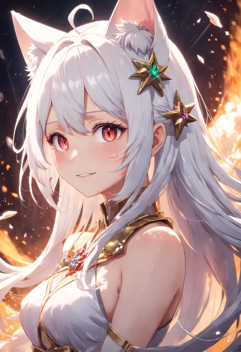 White hair, flowers in head, Green eyes, Star pupils, Cat ears, smile, Anime style, hyper HD, retinas, ccurate, Masterpiece, Anatomically correct, Textured skin, Super detail, High details, Award-Awarded, High quality, A high resolution, Best quality, 16k,flatchest