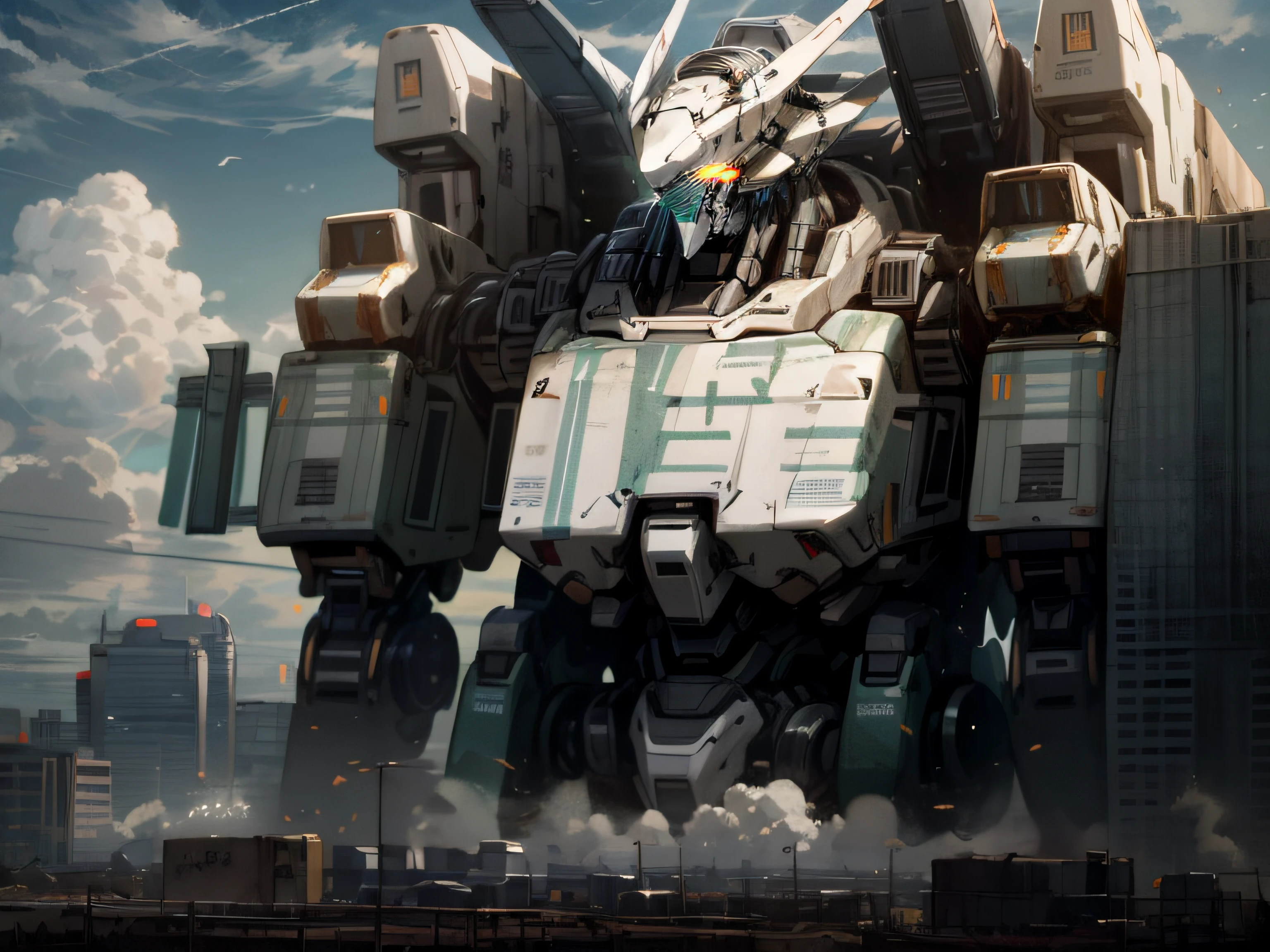 sky, cloud, holding_weapon, no_humans, glowing, , robot, building, glowing_eyes, mecha, science_fiction, city, realistic,mecha