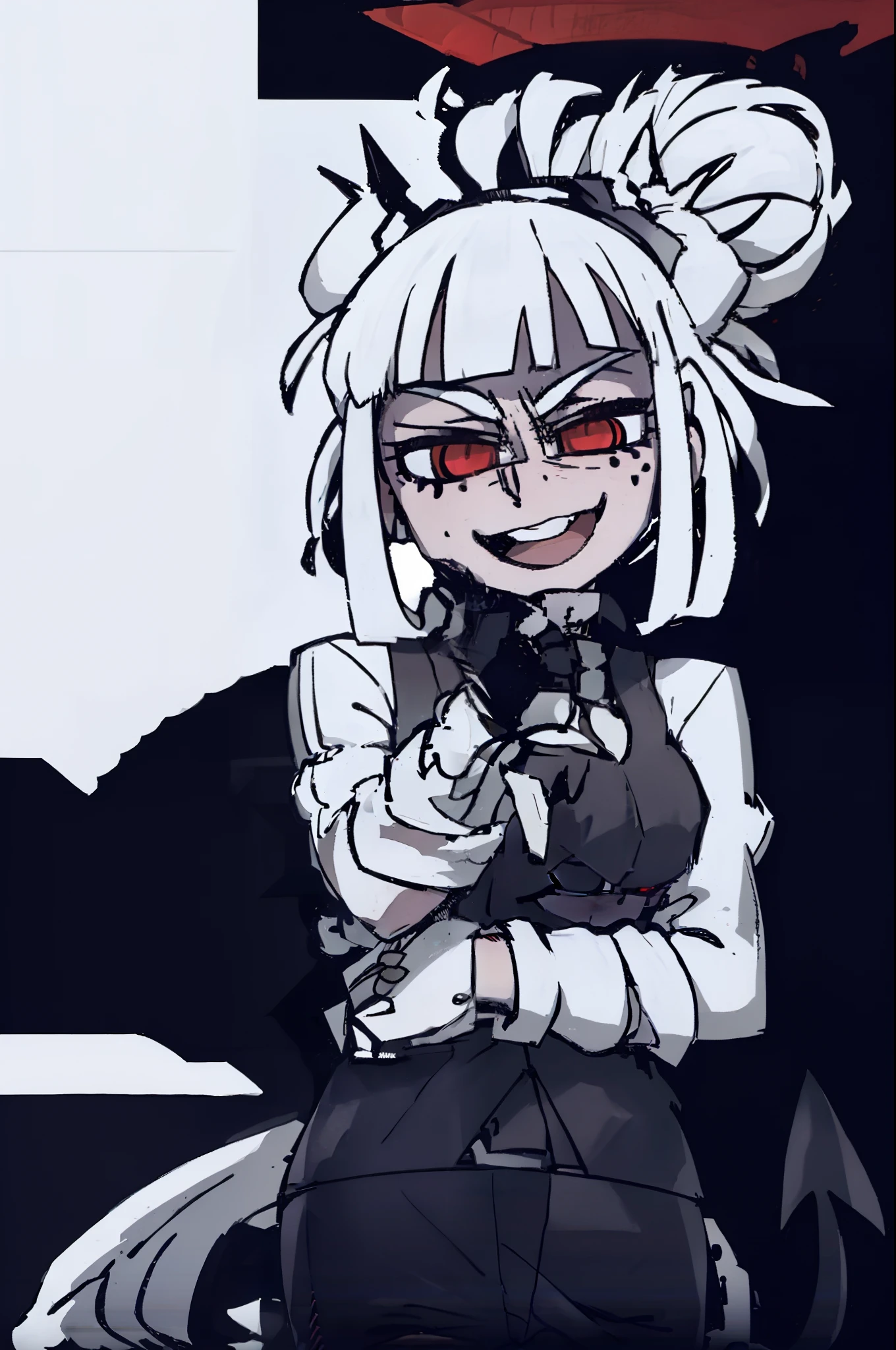 2d, masterpiece, best quality, highly detailed eyes, highly detailed face, cowboy shot, feet out of frame, 1girl, solo, standing, black background, red background, helltaker, azazel \(helltaker\), white shirt, white pants, gold trim, halo, angel, black hair, short hair, white ribbon, hair ribbon, light blue eyes, looking at viewer, smile, open mouth, hand on own face, straight-on
