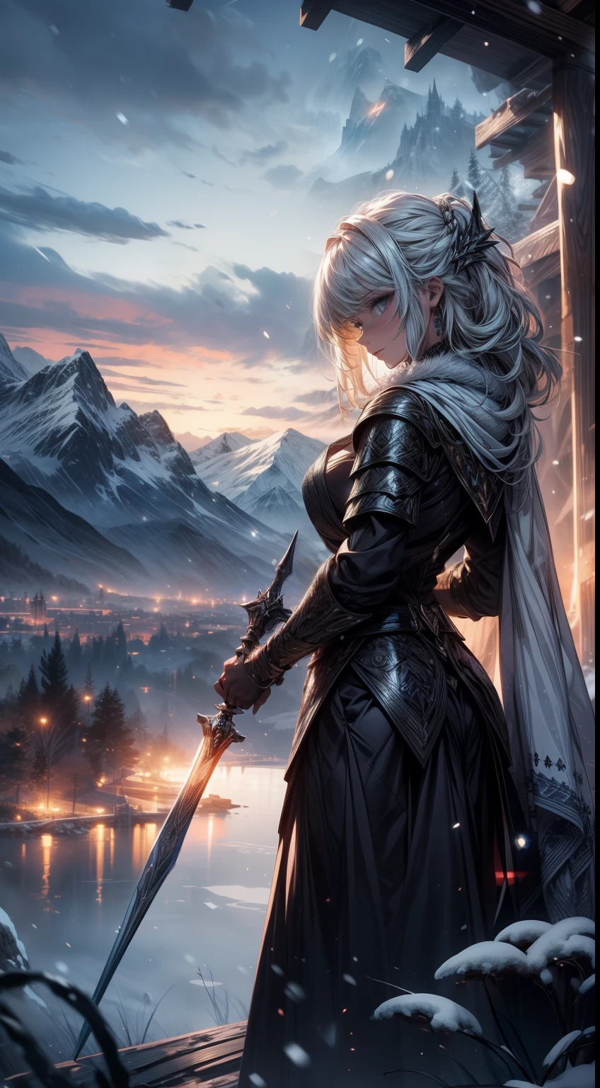 gorgeous, masterpiece, 1girl, best quality, landscape, highres,4k, wallpaper, trace lights, mountains, intricate, detailed, BREAK armor, badass, glow, mediaval, snow, snow flokes, magical, magic, particles, busy, rpg, lord of the rings, stunning view, cold,