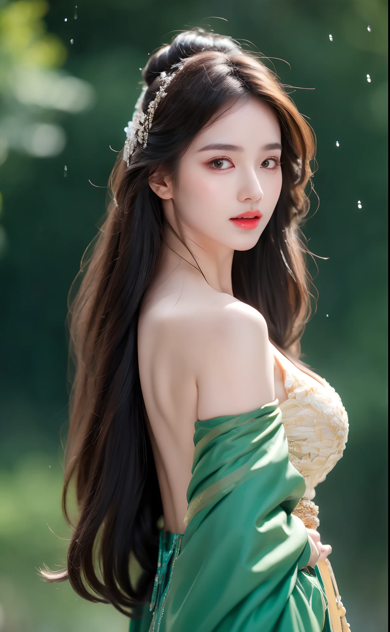((Best Quality, 8k, Masterpiece: 1.3)), Focus: 1.2, Perfect Body Beauty: 1.4, Buttocks: 1.2, ((Layered Haircut)), (Wet Clothes: 1.1), (Rain, Street:1.3), (Breasts: 1.2), (Hanfu: 1.2), Bare Shoulders, Bare Legs, Highly Detailed Face and Skin Texture, Fine Eyes, Double Eyelids, Whitened Skin, Long Hair, (Shut Up: 1.5), (Bokeh Background: 1.5), Big Breasts