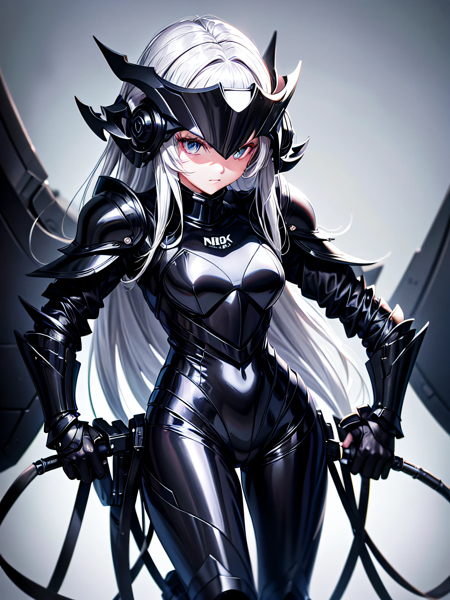 8K UHD、Silver-haired and small-nosed beauty in a black shiny black full-body rider suit wearing a black full-face helmet that covers the entire head is standing with her legs open facing the front、Wearing full black shiny armor、Upper Body Up