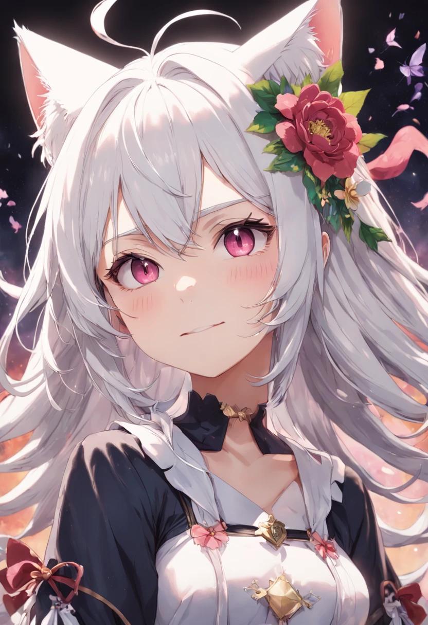 White hair, flowers in head, Green eyes, Cross pupil, Cat ears, smile, Anime style, hyper HD, retinas, ccurate, Masterpiece, Anatomically correct, Textured skin, Super detail, High details, Award-Awarded, High quality, A high resolution, Best quality, 16k