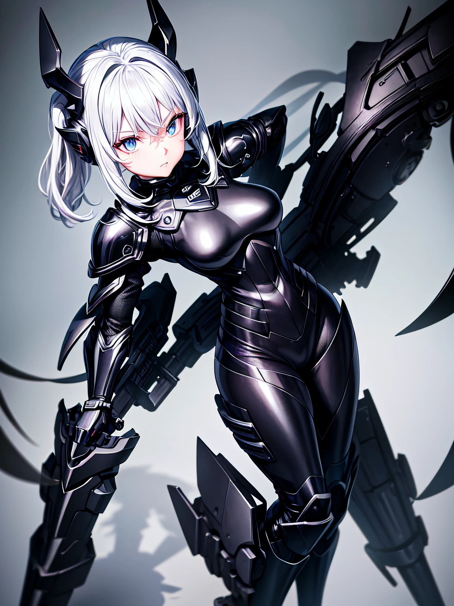 8K UHD、Silver-haired and small-nosed beauty in a black shiny black full-body rider suit wearing a black full-face helmet that covers the entire head is standing with her legs open facing the front、Wearing full black shiny armor、Upper Body Up