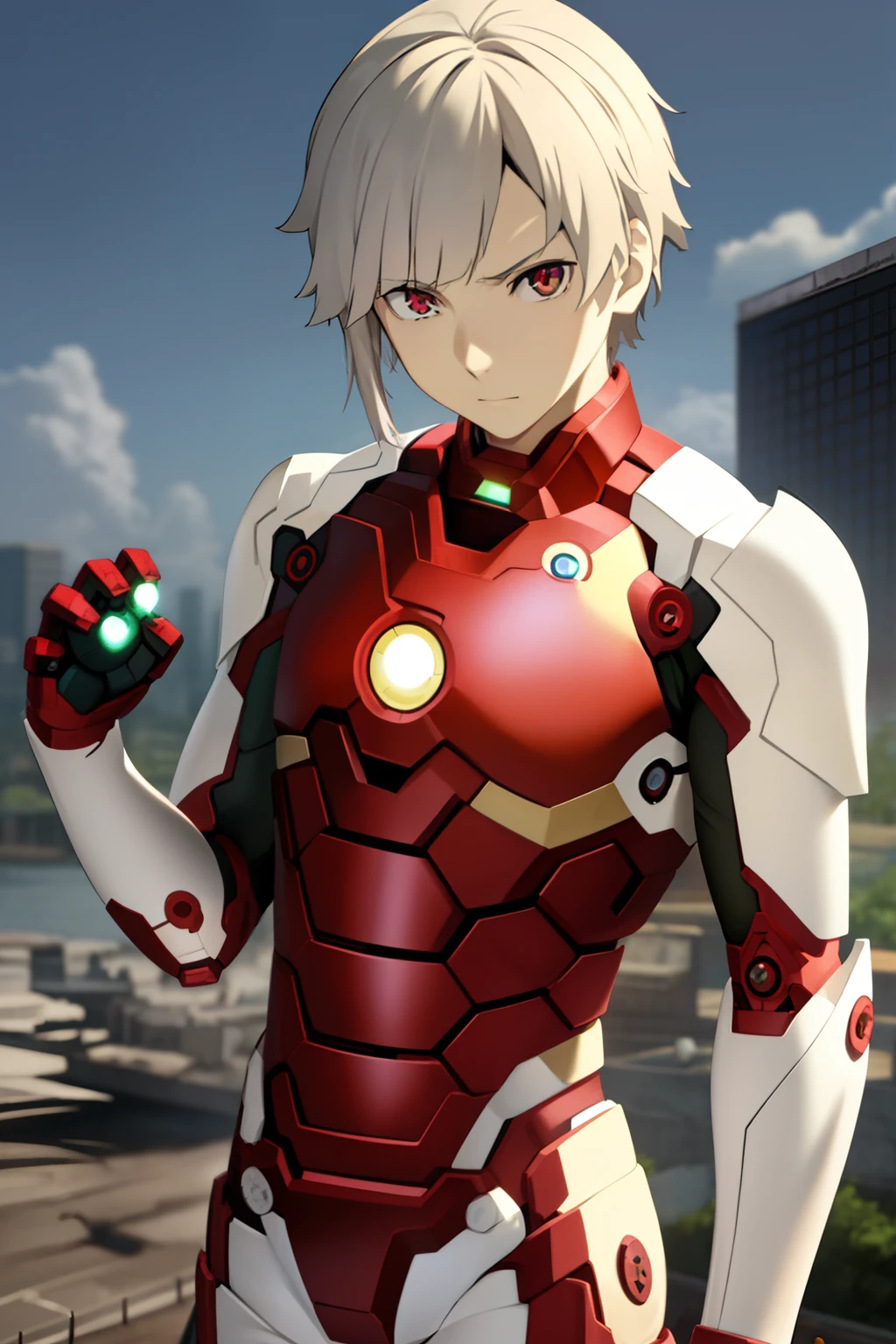 (​masterpiece, top-quality, hightquality), 1 juvenile, 独奏, Male Focus, Look at viewers, The upper part of the body, Nakashima_Atsushi, white  hair, Ruined city, ((ironman suit))