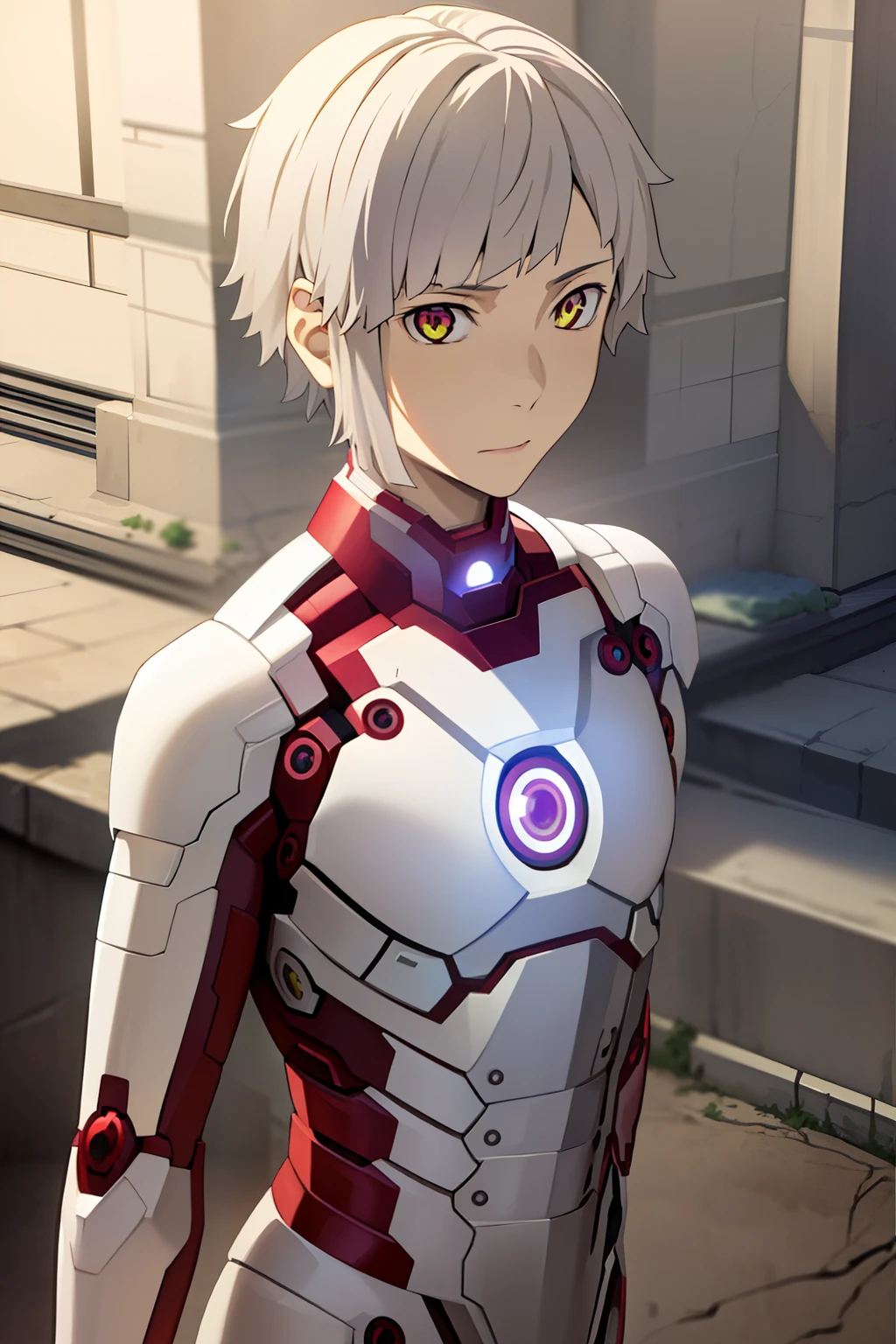 (​masterpiece, top-quality, hightquality), 1 juvenile, 独奏, Male Focus, Look at viewers, The upper part of the body, Nakashima_Atsushi, white  hair, Ruined city, ((ironman suit))