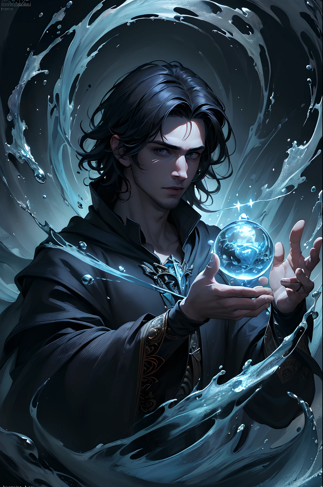 (masterpiece, best quality:1.4),(absurdres, highres, ultra detailed:1.2), (1 handsome man:1.4),(using dark magic:1.4),water magic,playful illustrations, imaginative overlays, artistic fusion,fantastical scenes, evocative narratives, striking visuals, upper body,