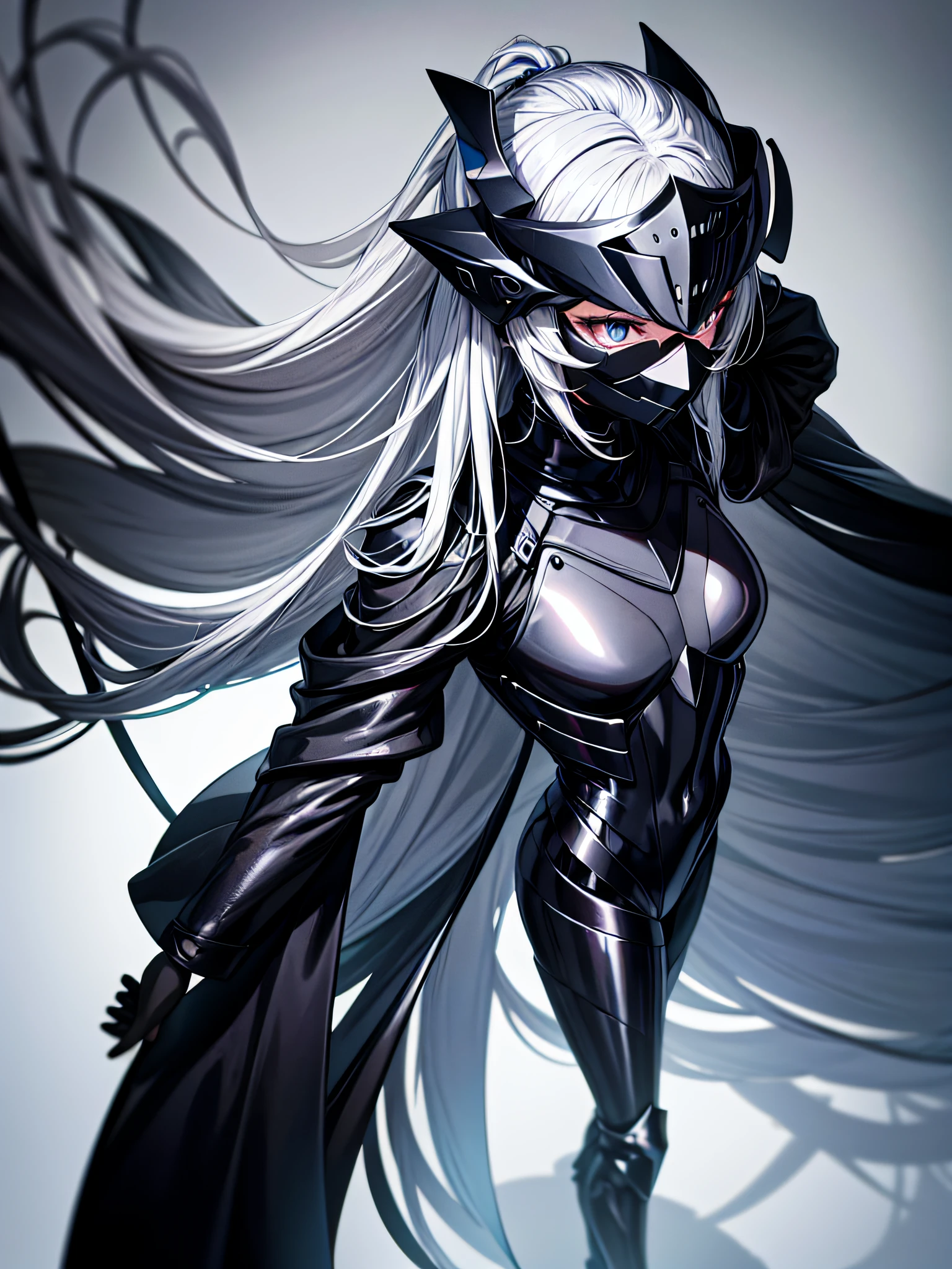 5 8K UHD、Silver-haired and small-nosed beauty in a black shiny black full-body rider suit wearing a black full-face helmet that covers the entire head is standing with her legs open facing the front、Wearing a shiny black latex slider suit with hidden skin、Shiny black latex slider suit、Upper Body Up