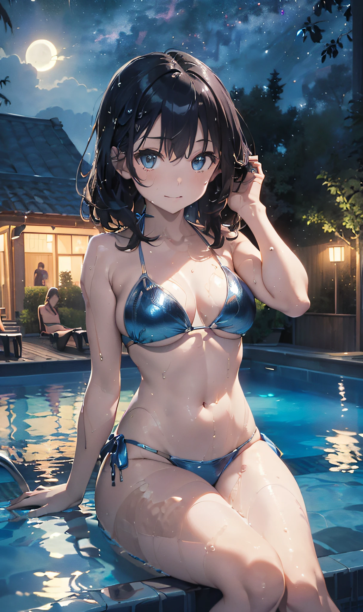 (Master masterpiece、The ultra -The high-definition、extremely fine and beautiful、Ultra-high power of 8 kilometers:2)、(Girl getting wet:1.4)、(Clarity Metallic Blue Bikini:2)、(Transparent skin:1.6)、(Long side tail hair:1.8)、(Beautiful eyes:1.8)、、(Nominal body type)、(Glamorous:1.4)、(musculature:1.4)、(Thin thighs:1.6）、(Thin leg:1.6)、(A smile)、perfectly proportions，Correct anatomy、Good anatomy、(Moon and Milky Way:1.4)、(Dynamic Angle:1.6)、(Dynamic Pose)、(Sit by the pool at night:1.4)、