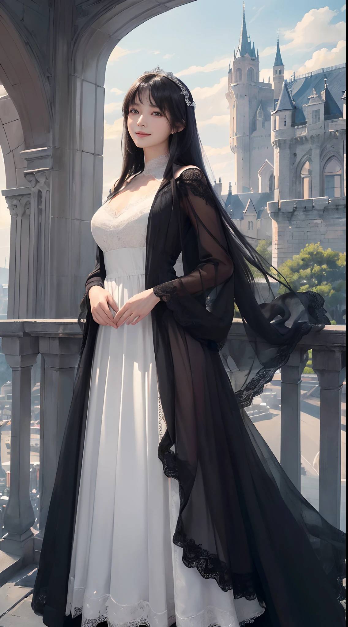 (ultra-realistic realism)、(illustratio)、(A high resolution)、(8K)、(The is very detailed)、(Best Illustration)、(Beautifully detailed eyes)、(top-quality)、(ultra - detailed)、(tmasterpiece)、(the wallpaper)、(A detailed face)、独奏、1 girl in、looking at viewert、finedetail、A detailed face、in the darkness nigth、deep shading、low tune、pureerosfaceace_V1、A smile、Long、Black shawl straight hair、46-point diagonal bangs, (White lace dress、long skirt)(cropped shoulders)((Woman standing on the balcony of the castle))