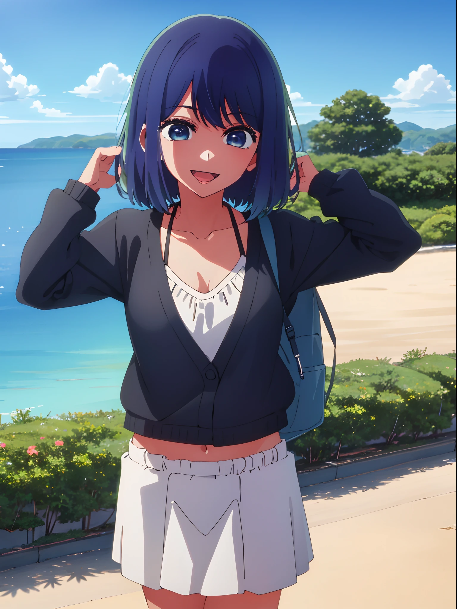1girl in, 独奏, Akane, ((anime styled))、((2D))、A smile、Open your mouth、Facing the front、the beach、Black Bikini
